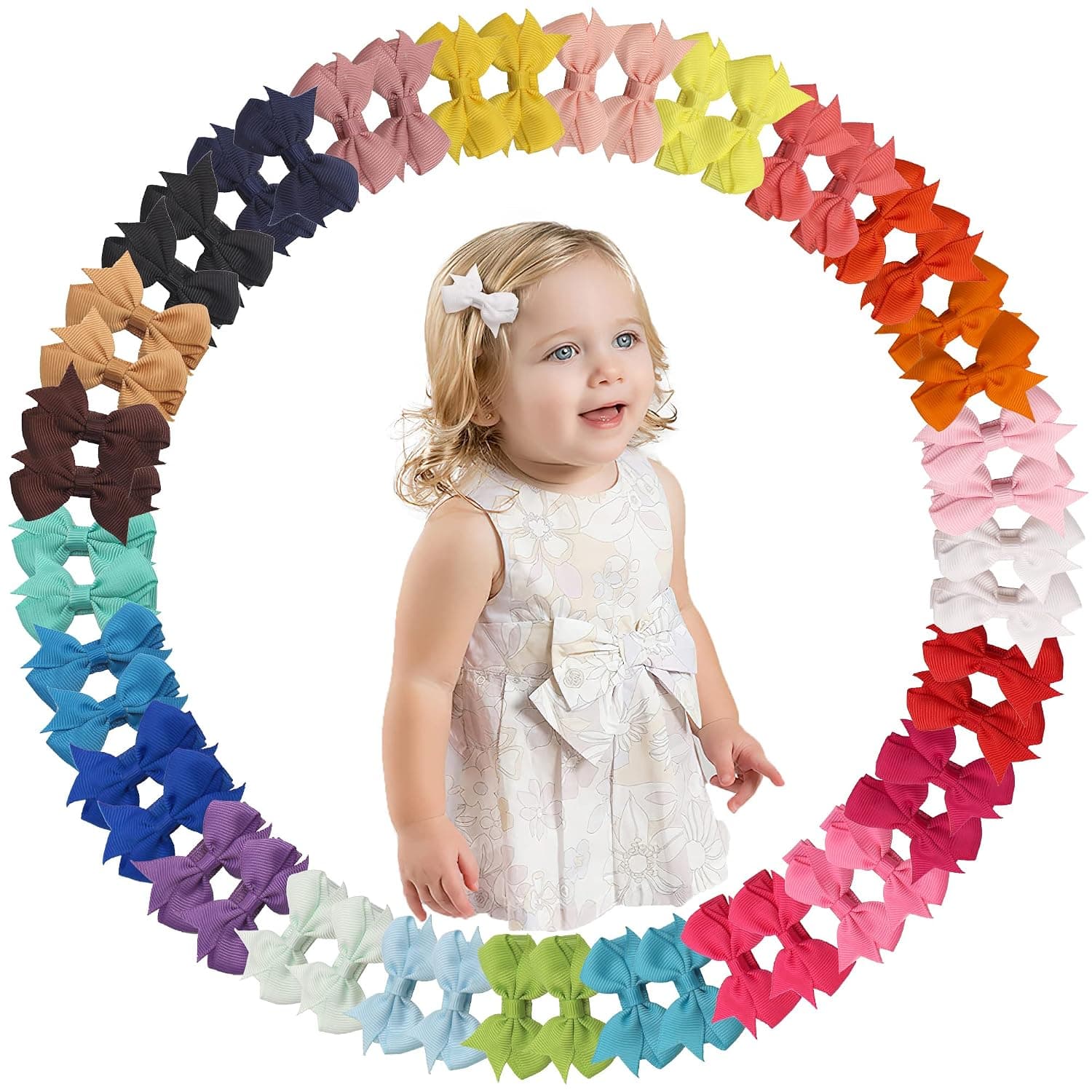 DeD 50 Pcs 2 Inch Tiny Hair Bows for Girl Grosgrain Ribbon Pinwheel Bows Fully Lined Hair Clips for Baby Girls Toddlers Kids In Pairs