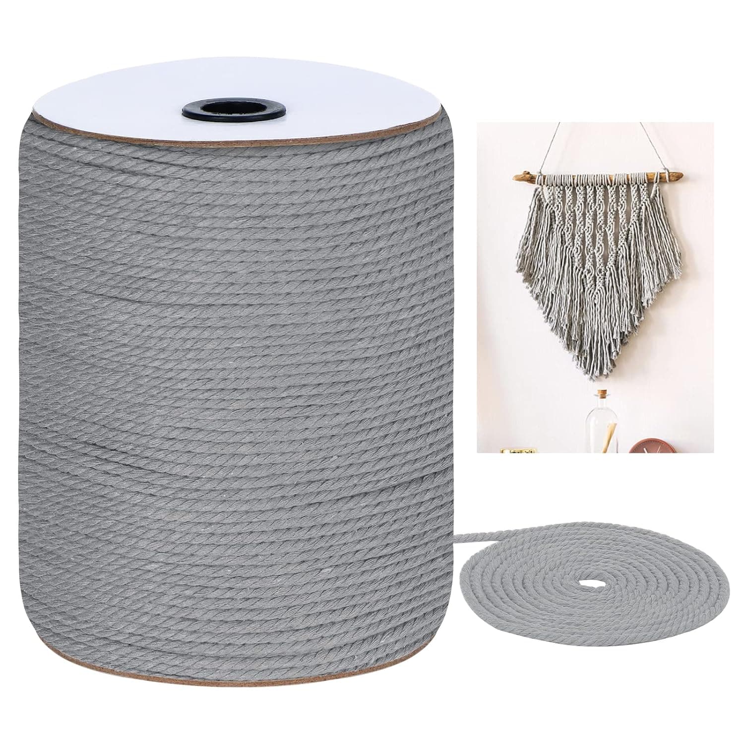 Macrame Cord 3mm x 328Yards, Colored Natural Cotton Macrame Rope - 3 Strands Twisted Colorful Macrame Cotton Cord for Wall Hanging, Plant Hangers, Crafts, Gift Wrapping and Wedding Decorations, Gray