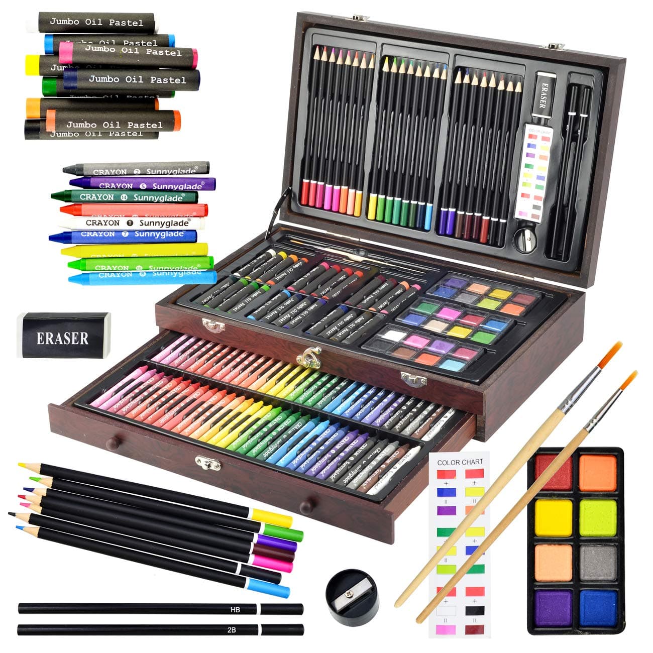 Sunnyglade 145 Piece Deluxe Art Set, Wooden Box & Drawing Kit with Crayons, Oil Pastels, Colored Pencils, Watercolor Cakes, Sketch Pencils, Paint Brush, Sharpener, Eraser, Color Chart (Cherry) | Art Kit with Crayons, Oil Pastels, Colored Pencils, Watercolor Pans, Sketch Pencils, Brush, Sharpener, Eraser, Color Chart