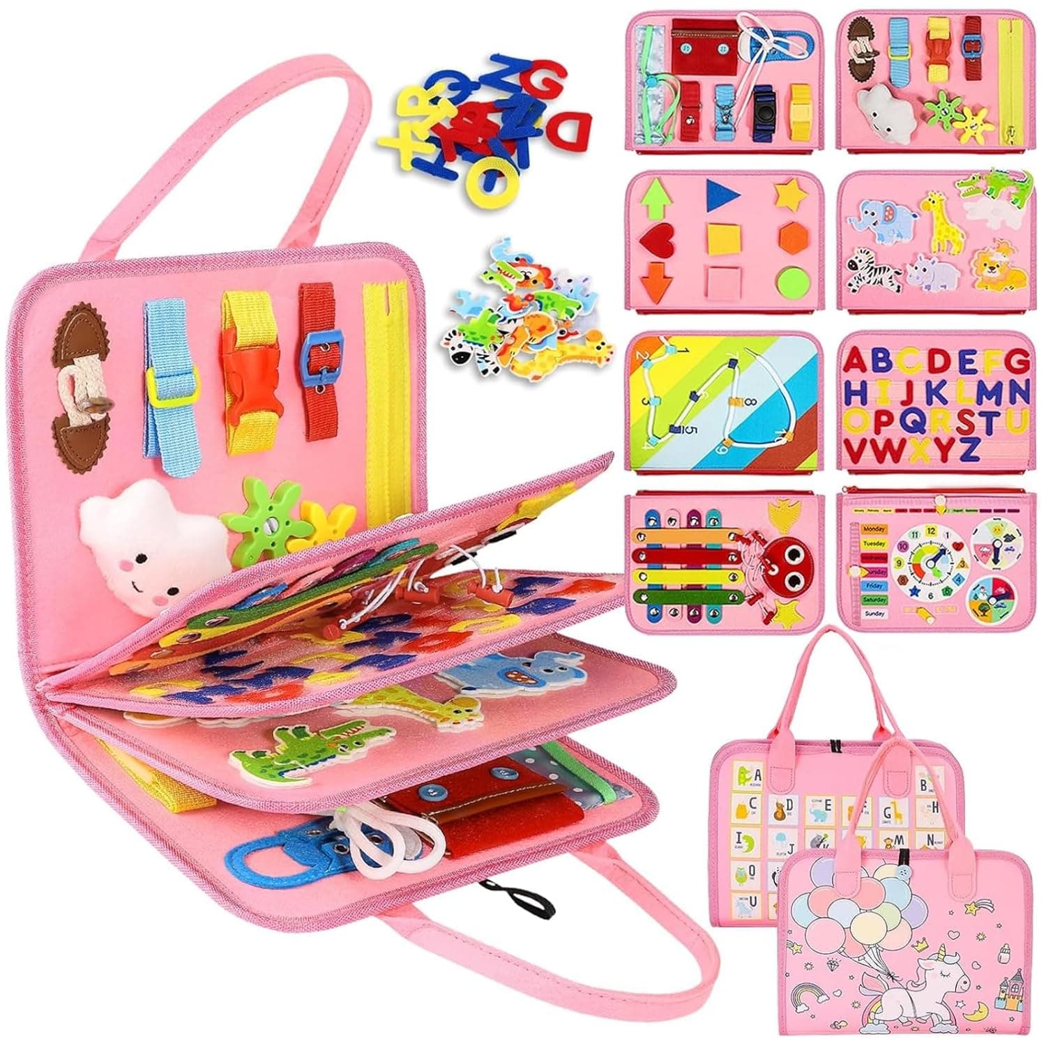 Andanna Busy Board Montessori Toys for 3 4 Year Old Girl Birthday Gifts, Busy Book Sensory Toys for Toddlers, Toddler Girl Toys Age 3-4 5-6(Pink P8)