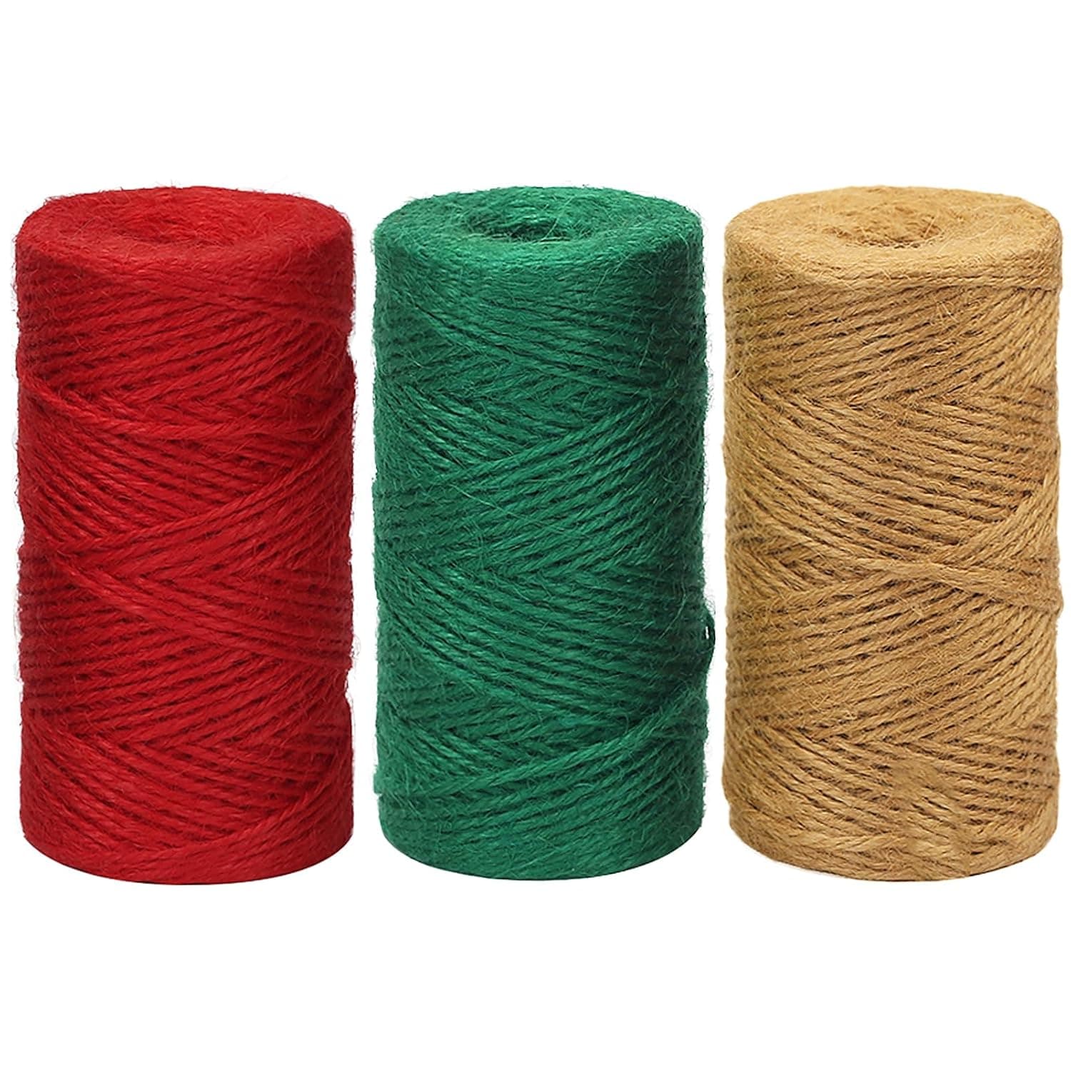 Vivifying 2mm Jute Twine, 328 Feet x 3 Rolls Natural Garden Twine DIY Crafts, Christmas Gift Wrapping (Red, Dark Green, Brown)
