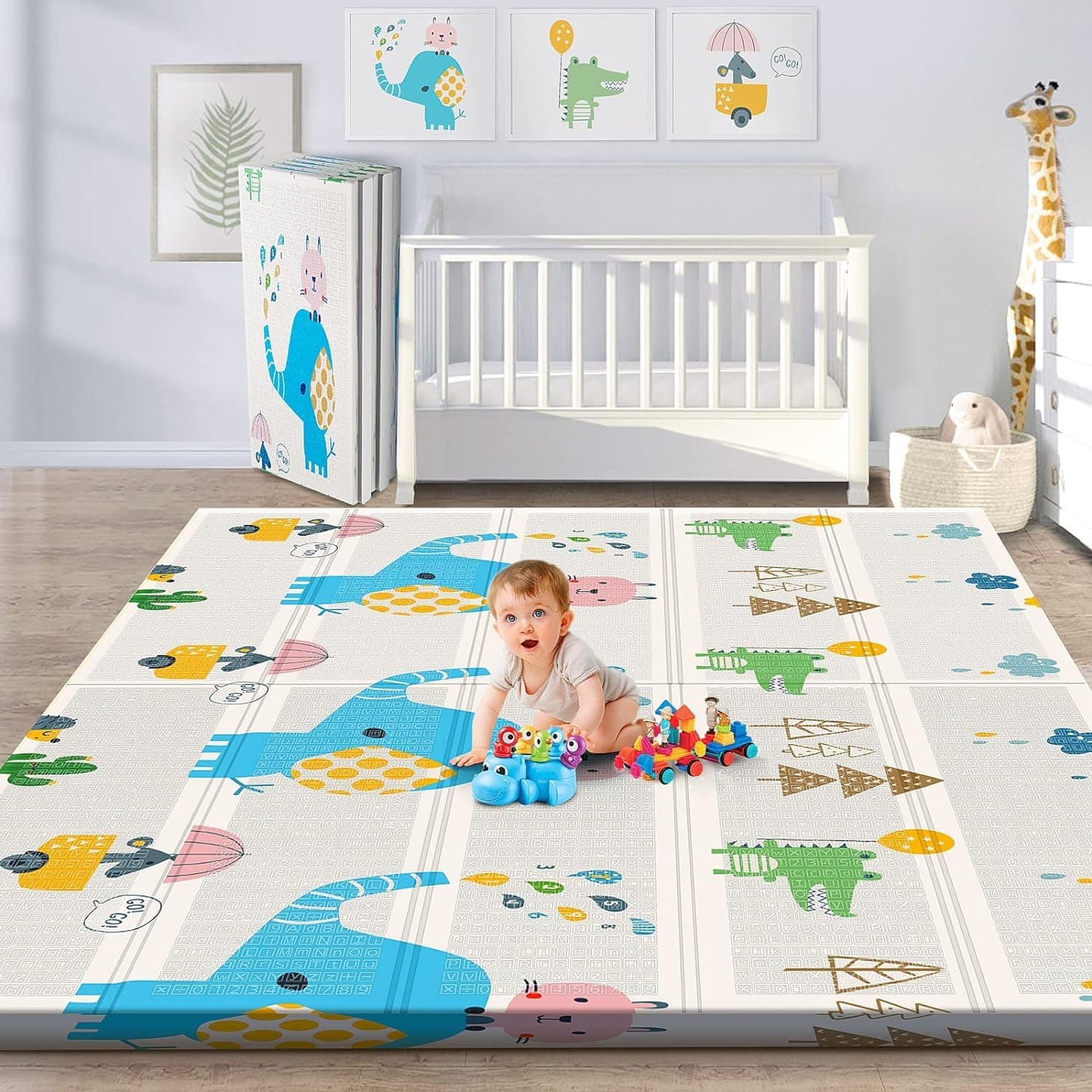 Baby Play Mat, Foam Floor Baby Crawling Mat, Reversible Waterproof Anti-Slip Portable Baby Playmat for Infants Toddler Kids Indoor Outdoor Use (200x180x1cm)