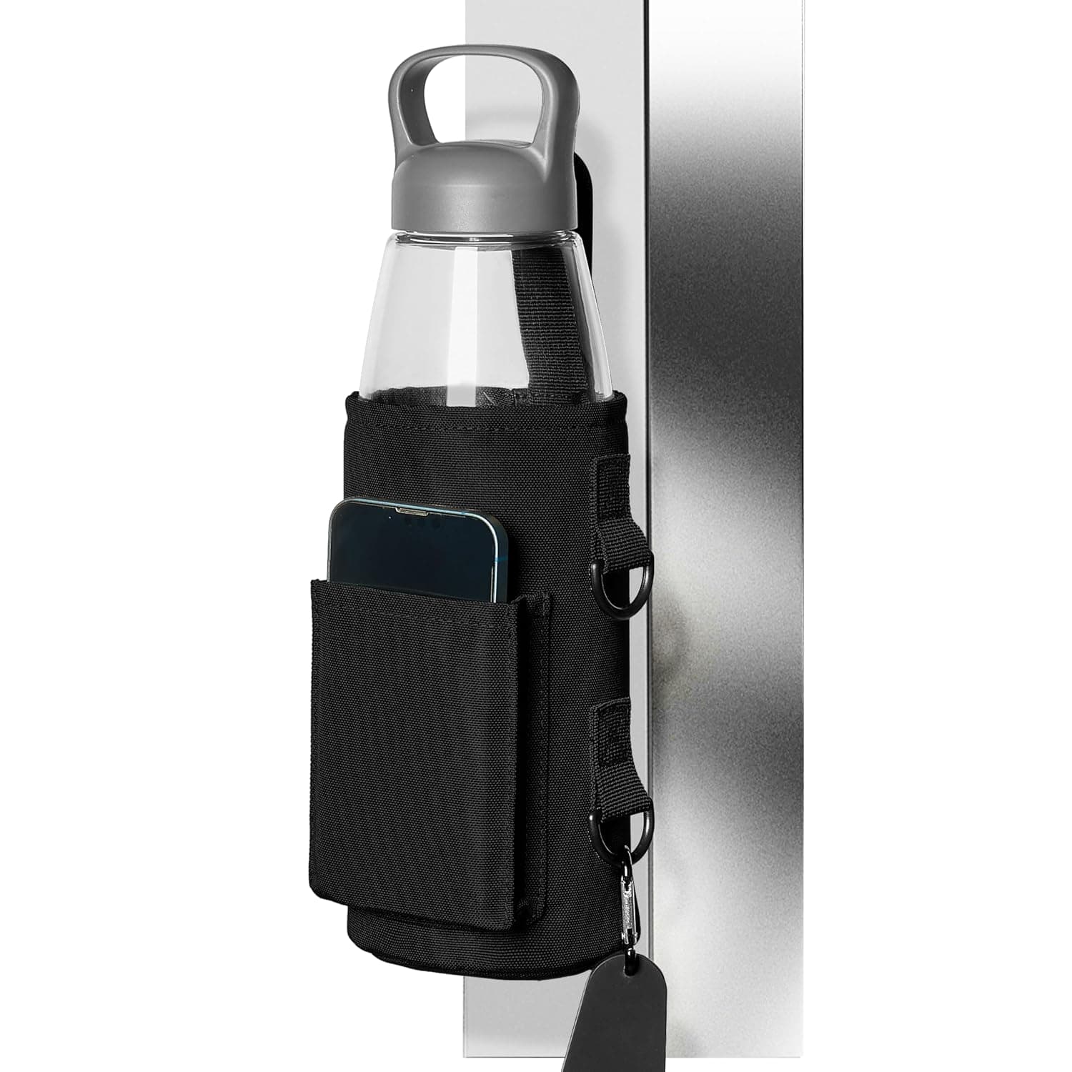 Magnetic Gym Bag Magnetic Water Bottle Holder Gym Water Bottle Carrier Pouch with Phone Pocket Silicone Towel Buckle and Sling for Easy Attachment to Metal Exercise Equipment (Black)