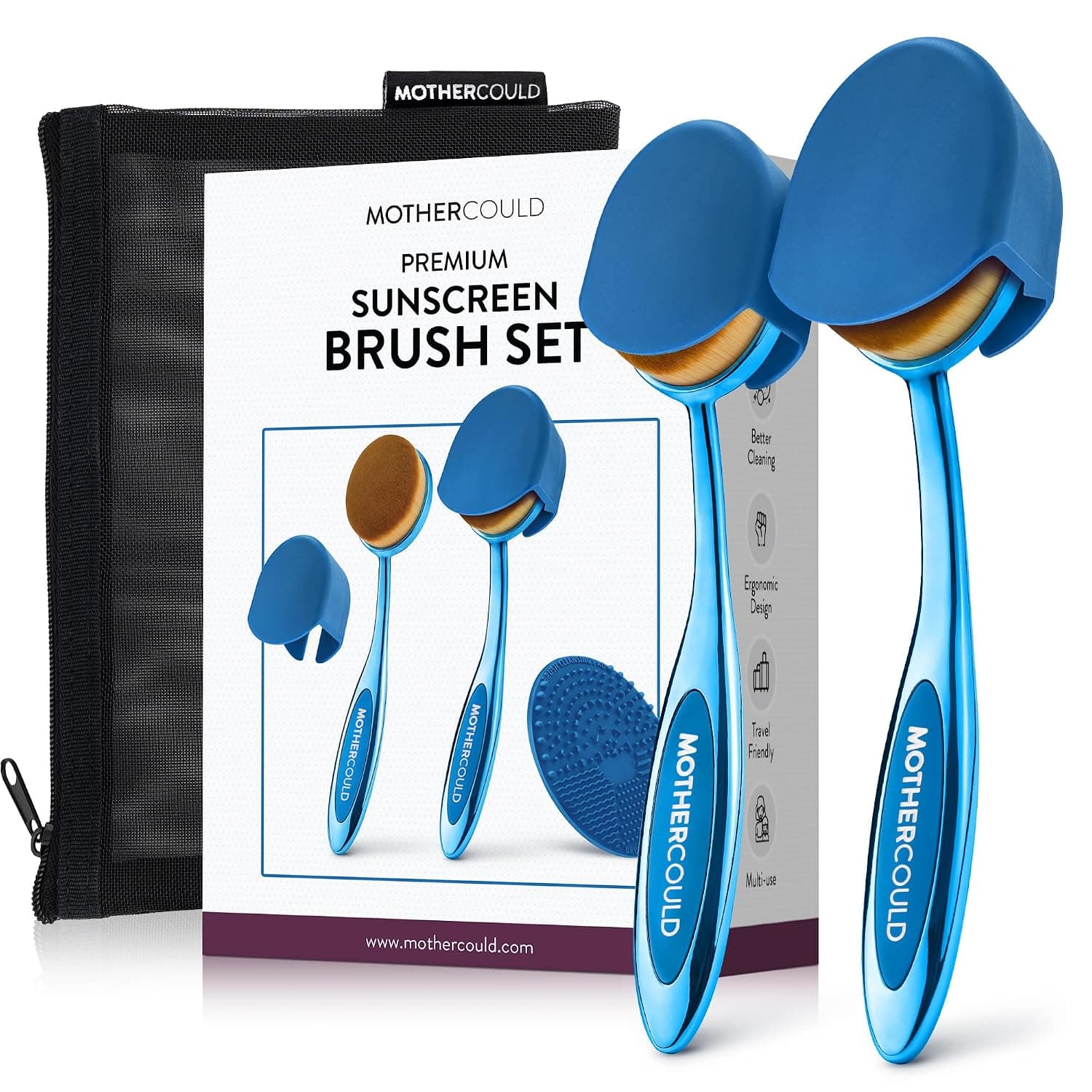 Mothercould Premium Sunscreen Brush Set Kids & Baby Sunblock Applicator with Metal Handles, Travel Bag, 2 Brushes, 2 Caps, & Cleaning Mat Mess-Free Sun Care (2 Pack) (Blue)
