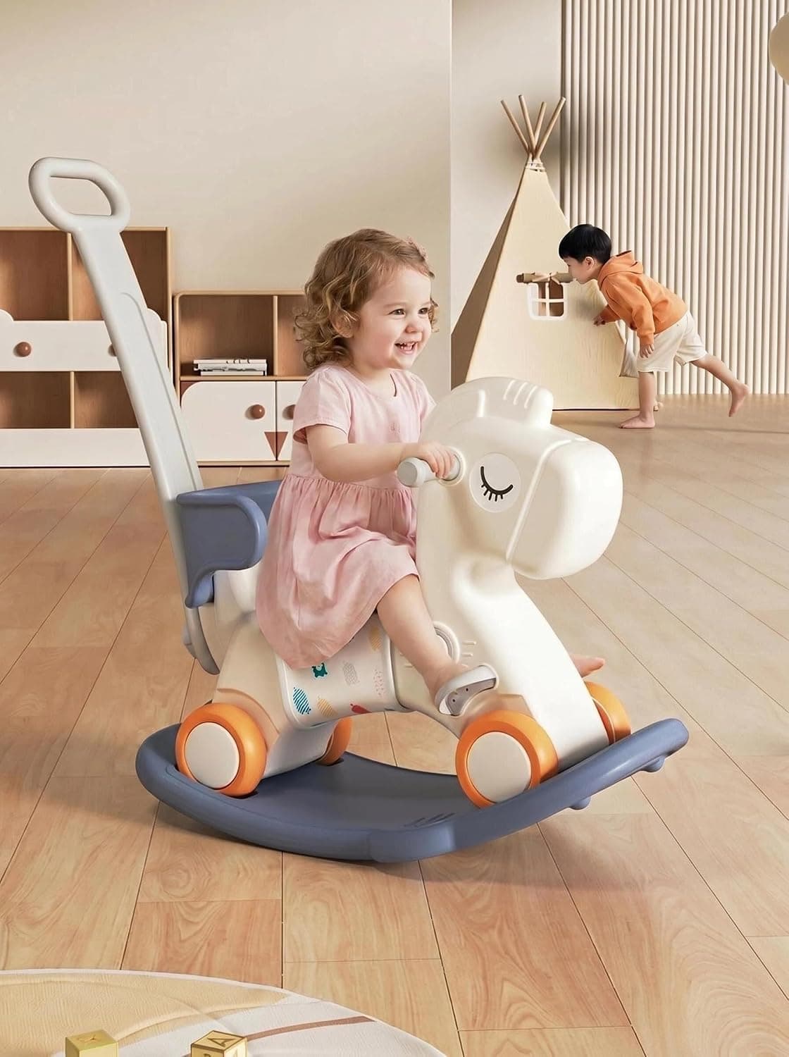 4 in 1 Kids Rocking Horse Ride, Rocking Horses & Animals, On Toys for Toddlers, Baby Push Bike Rocking Chair with Balance Board, Gift for Kids (Blue)
