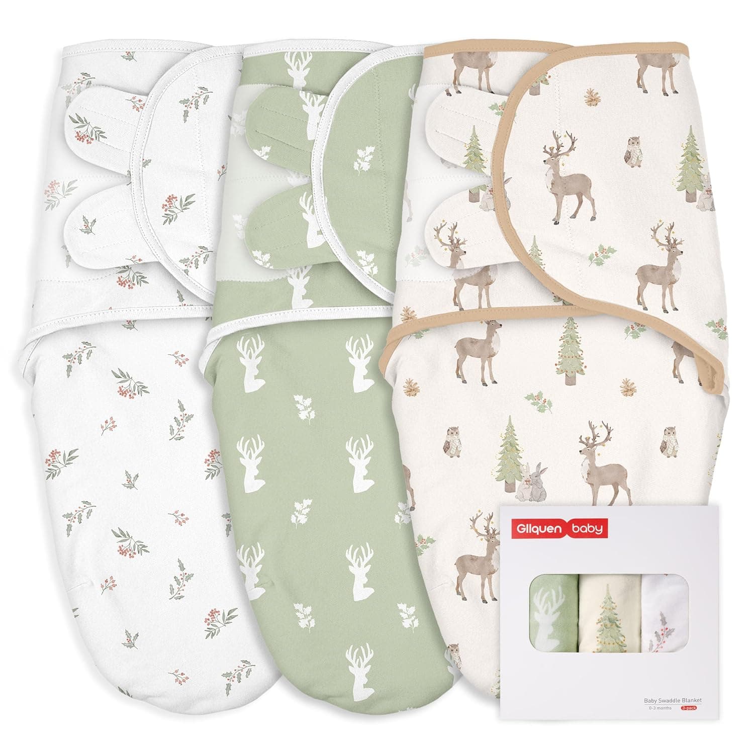 GLLQUEN BABY Girl Swaddles 0-3 Months - 3 Pack Baby Swaddles Sack for Newborn, Infant Sleep Sack, Easy Swaddling Wrap, Christmas Forest Carol, Nursery Swaddle Blankets Essentials