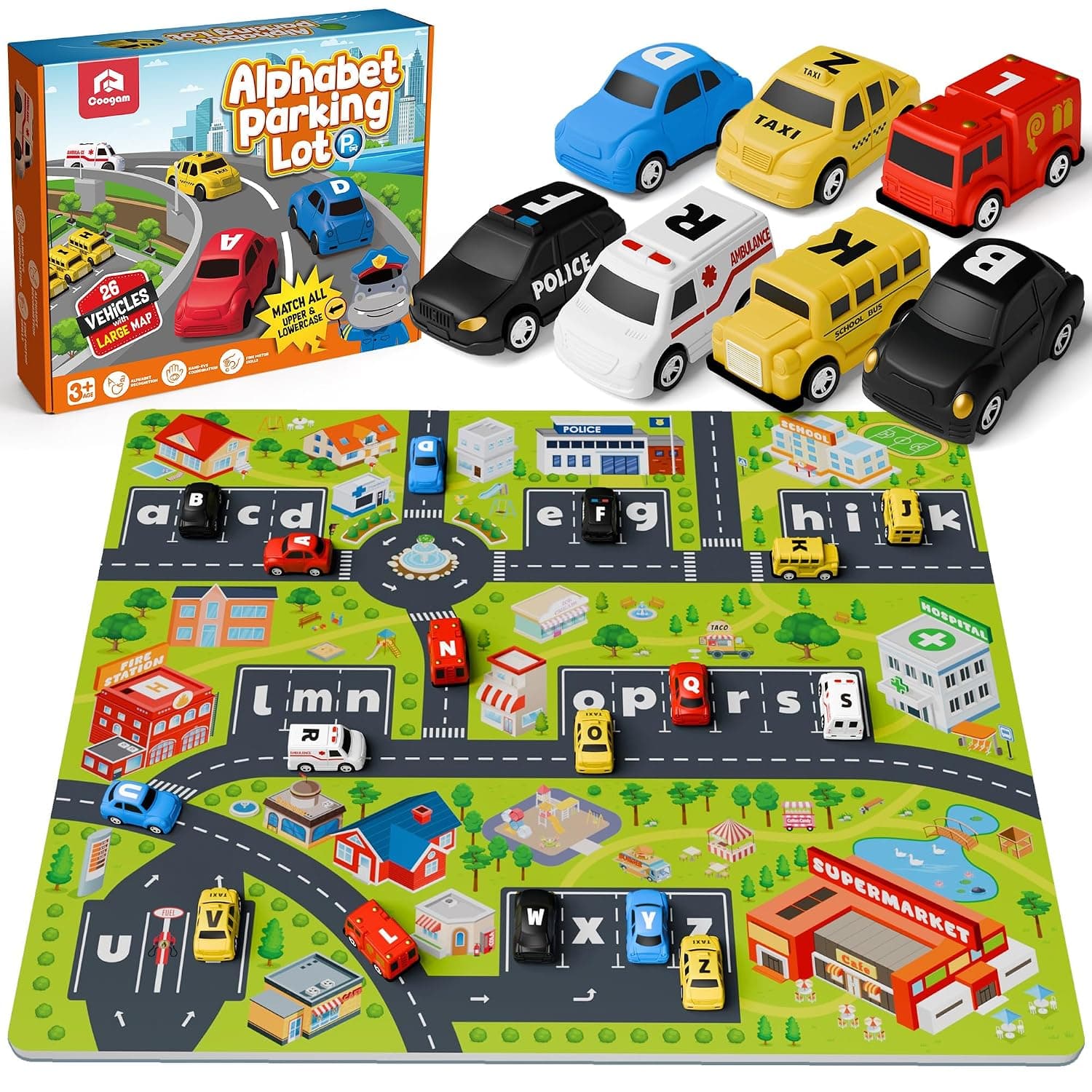 Coogam Alphabet Maze, 26pcs Pull Back Car with Play Mat Preschool Letter Matching Game for 3 4 5 Years Old, Educational Fine Motor Gift Toy for Toddler Kids
