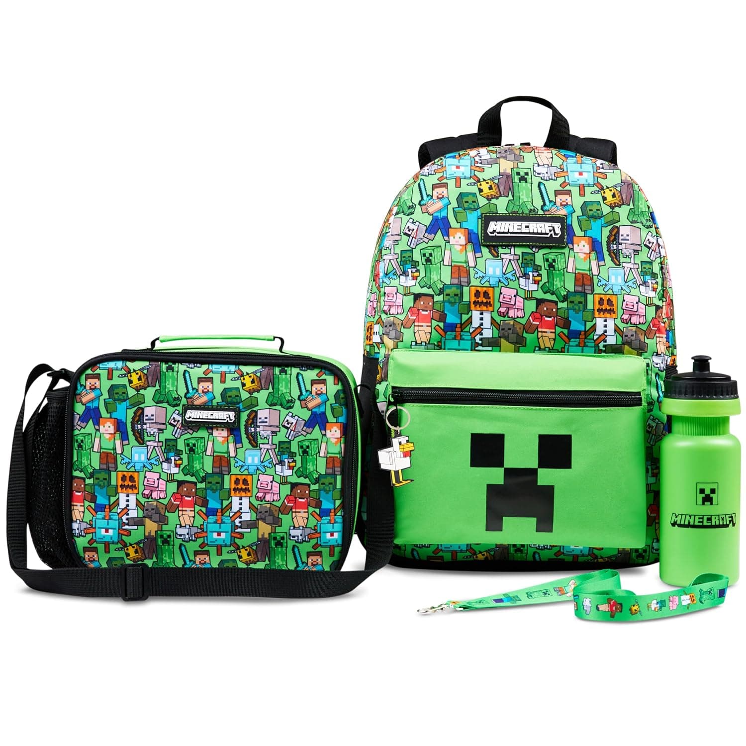 Minecraft Backpack Set 5 Pcs Water Bottle Insulated Lunch Bag Pencil Case Drawstring Bag or Lanyard Keyring School Supplies