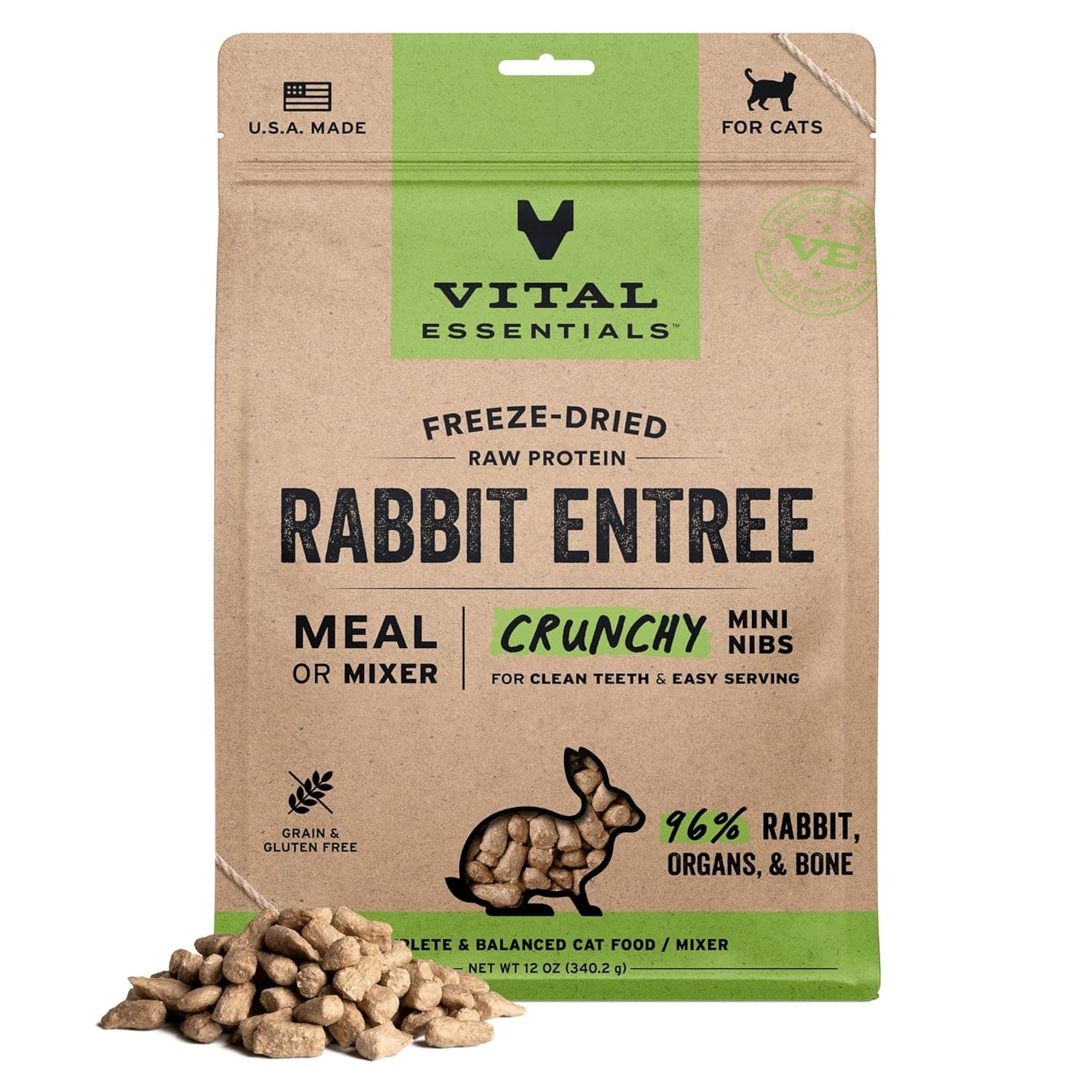 Vital Essentials Freeze Dried Raw Cat Food, Rabbit Mini Nibs Entree, 12 oz