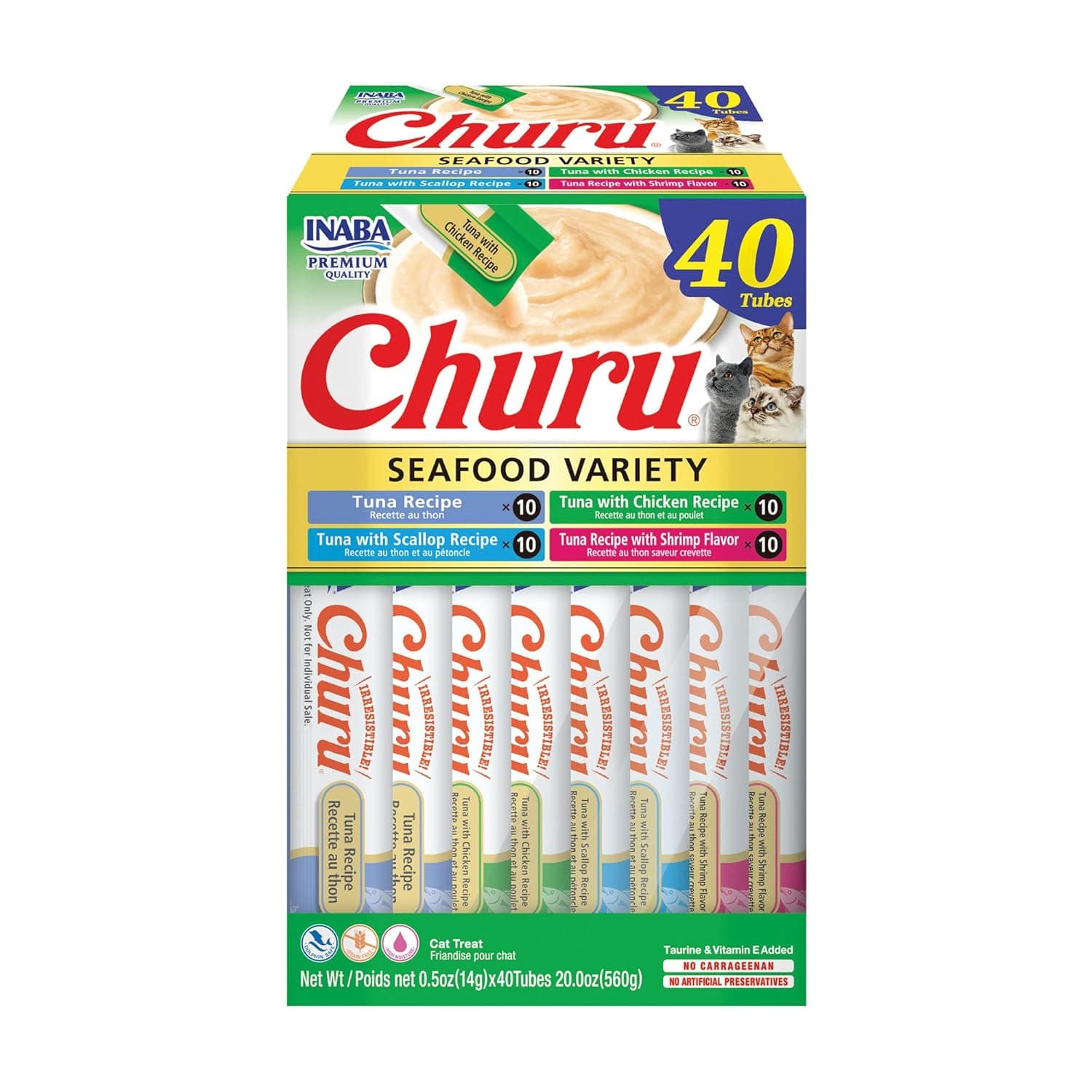 INABA Churu Cat Treats, Grain-Free, Lickable, Squeezable Creamy Purée Cat Treat/Topper with Vitamin E & Taurine, 0.5 Ounces Each Tube, 40 Tubes, Tuna & Seafood Variety Box