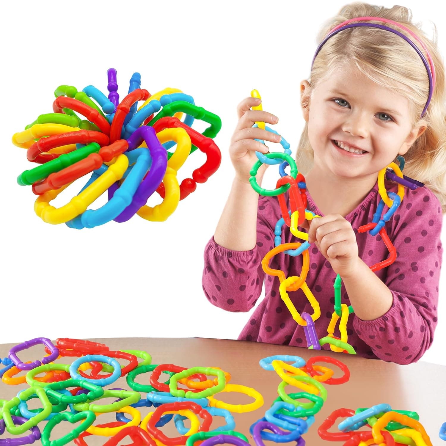 Baby Links Rings - 35 Geometric Linking Chains for Infants & Toddlers - Safe Teething and Sensory Development Toys - Car Seat & Hanging Stroller Large Connecting Ring Travel Accessories