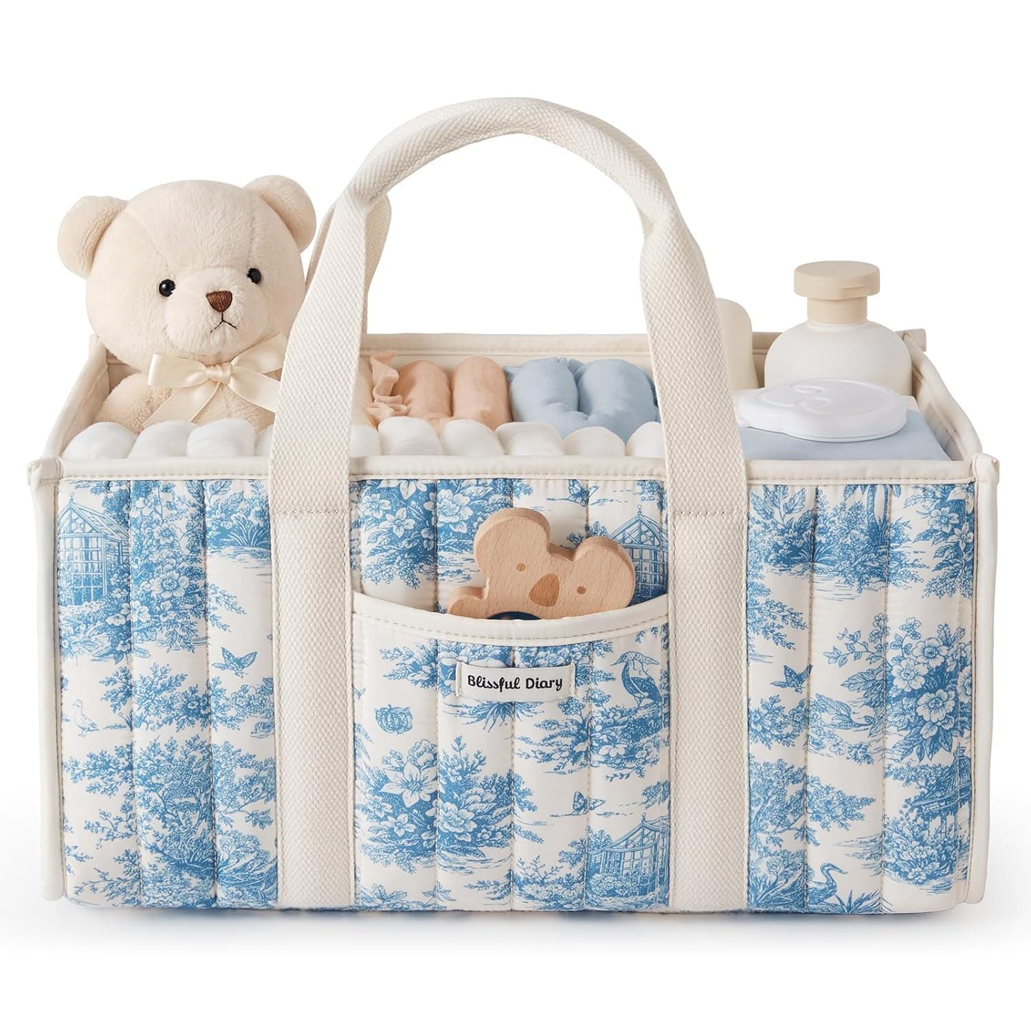 Blissful Diary Floral Diaper Caddy Organizer, Stylish Nursery Storage Basket, Gift for Baby Shower, Newborn Essentials, Blue
