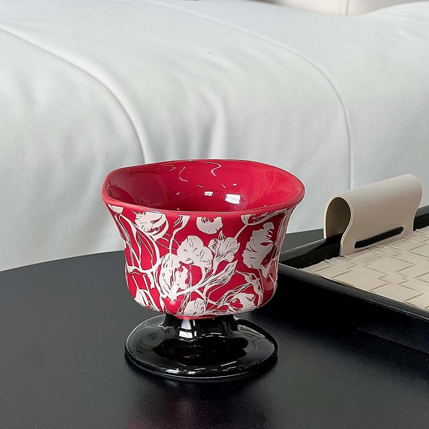 Red Floral Ceramic Footed Mug, Dishwasher-Safe Cute Porcelain Coffee Tea Milk Cup for Office Home Drinkware