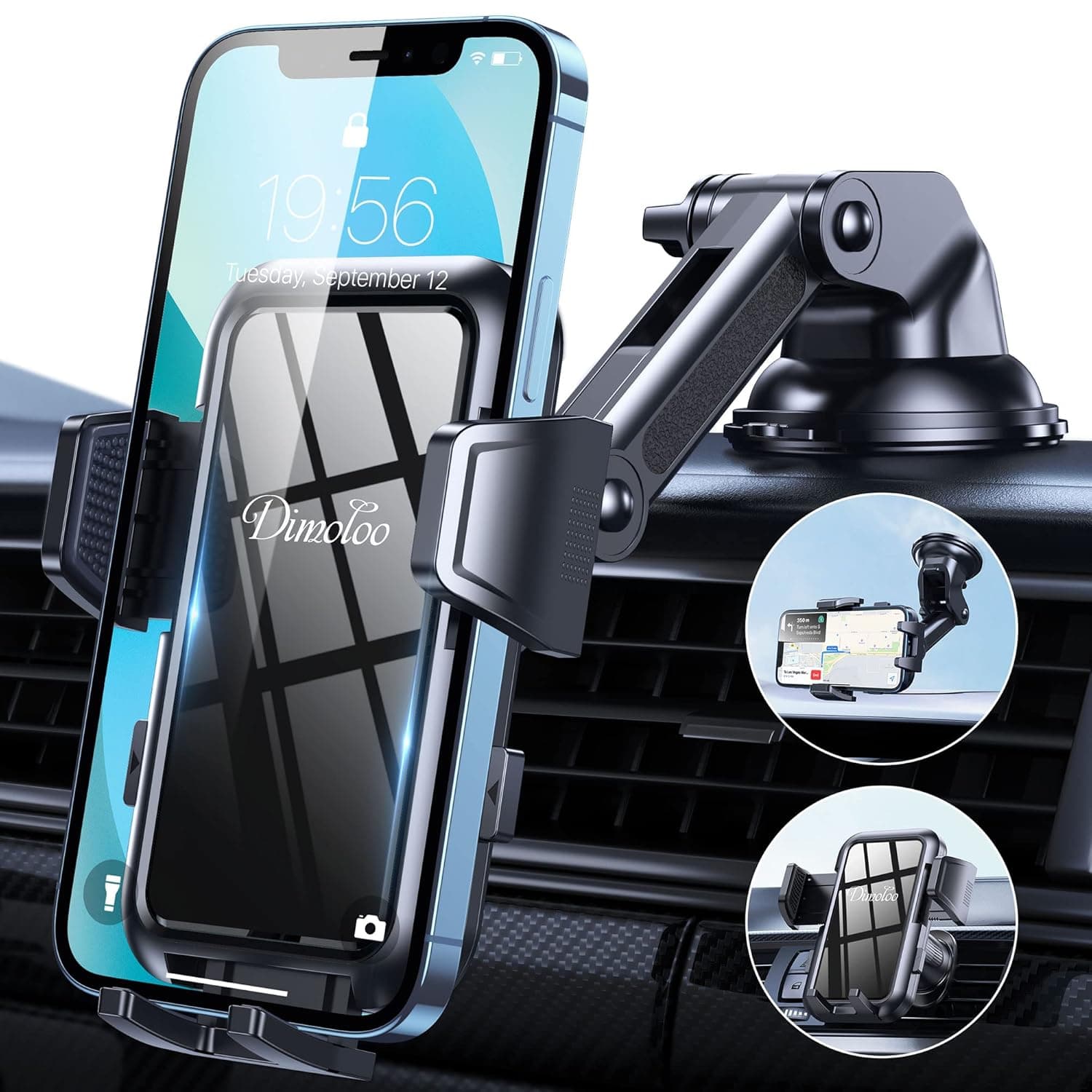 3-in-1 Car Mount for Dashboard, Windshield, Air Vent - Multi-Angle Adjustment Arm Phone Holder Stand Fit for All Mobile Phones, iPhone