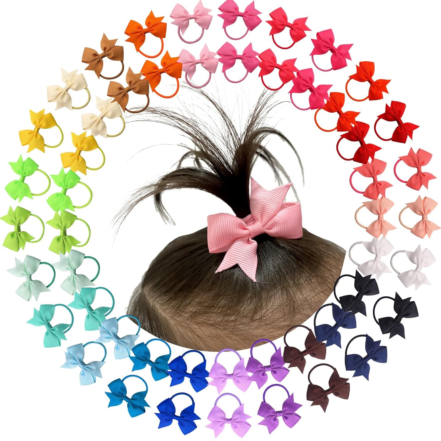 CÉLLOT Baby Hair Ties with Bows, 50pcs 2inch Hair Bows Durable Rubber Bands Ponytail Holders for Infants Baby Girls Essential in Pairs, Multi-colored
