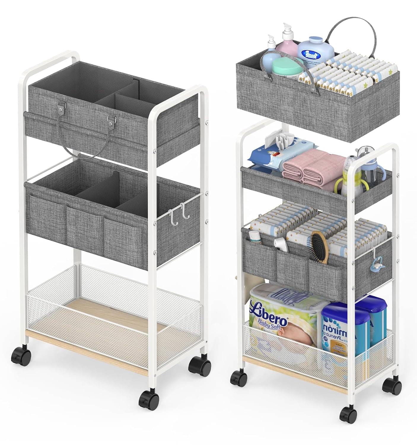 2In1 Baby Diaper Caddy & 3-Tier Rolling Diaper Cart, Diaper Caddy Organizer Cart with Dividers, Metal Detachable Bedside Cart for Baby Nursery Essentials, Large Capacity, Easy to Assemble, White