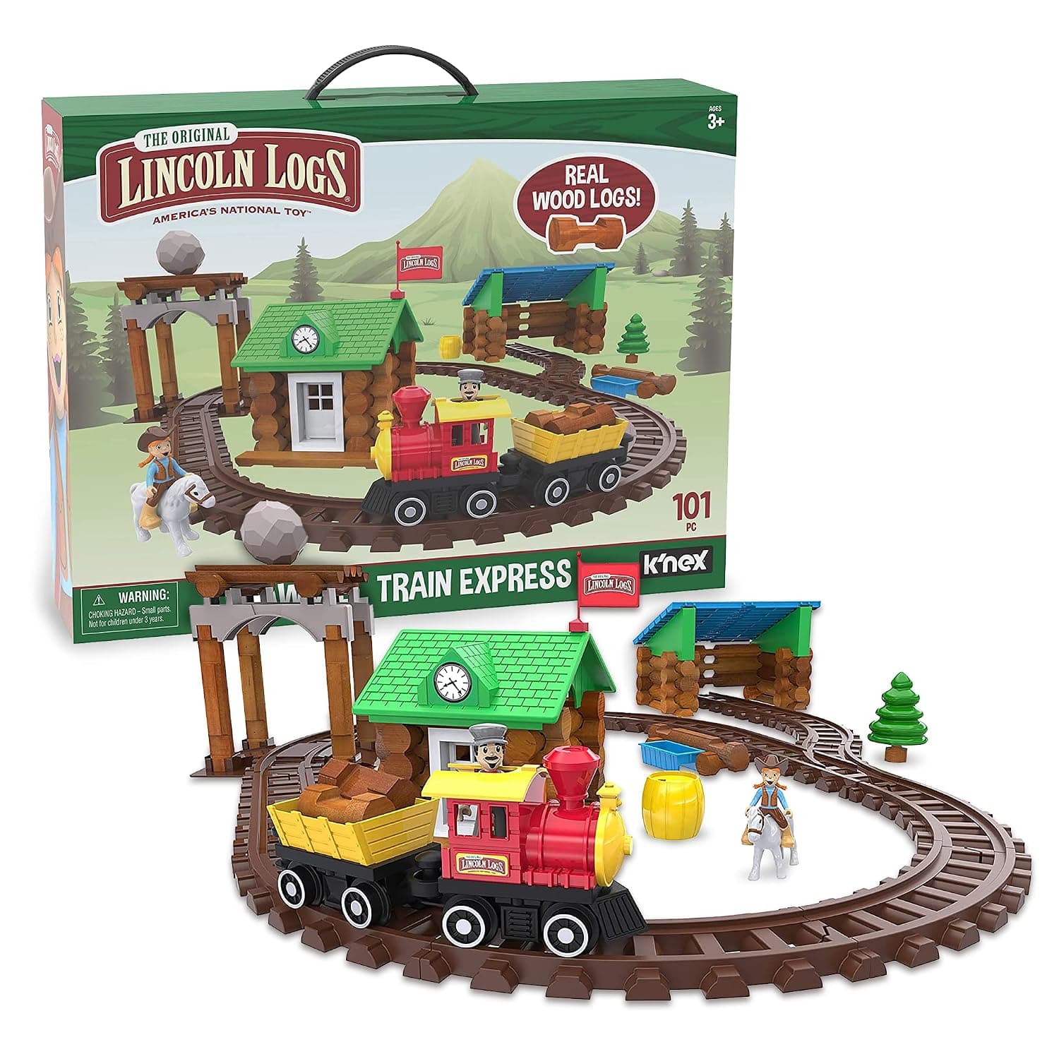 LINCOLN LOGS-Sawmill Express Train - 101 Parts - Real Wood Logs - Buildable Train Track-Ages 3+ - Best Retro Building Gift Set for Boys/Girls-Creative Construction Engineering-Preschool Education Toy