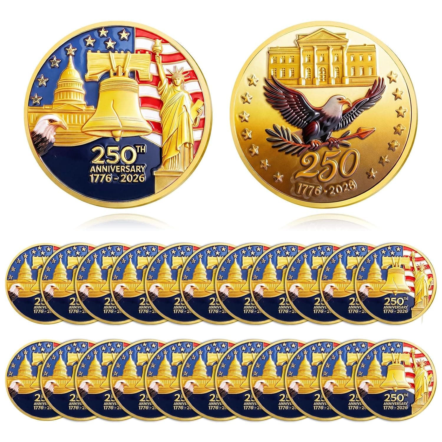 Highergo 20 Pcs 250th Anniversary USA Commemorative Coins Eagle,Style 1 | Patriotic Symbols with Liberty Bell Statue, Challenge Coin for Celebration Display, 250 Year Merchandise Collectors Gift
