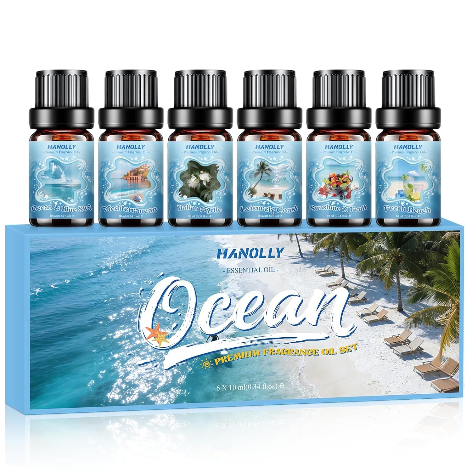 Hanolly Ocean Essential Oils Set, 6 x 10 ml Fragrance Oils for Diffuser, Candles - Sea & Blue Sky, Mediterranean Wind, Italian Myrtle, Relaxed Coast, Sunshine & Fruits, Fresh Beach | Natural Essential Oil Kit Aromatherapy Humidifier Diffuser Candles Soaps Massages Perfumes Home
