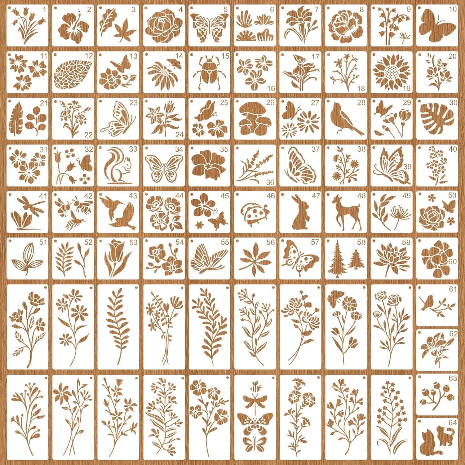 82Pcs Botanical Stencils Set, Wildflower Nature Crafts Kit, Drawing Stencils, Reusable Butterfly with Flowers, Leaves, and Animals for DIY, Scrapbooking, Furniture Decoration and Gift Cards