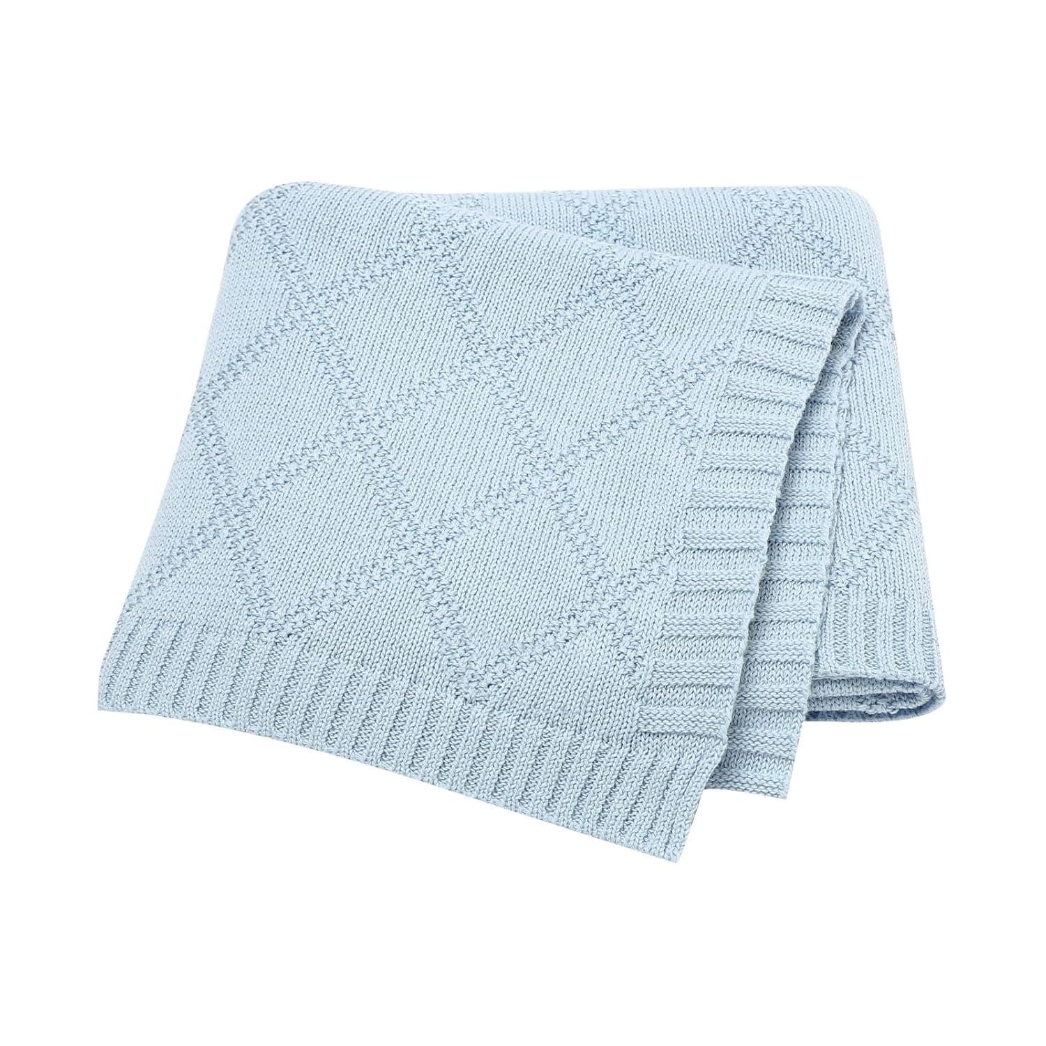Hadetoto 100% Cotton Baby Blanket for Girls Boys - Blue | Soft Crochet Knit, Newborn Essentials Gifts, Lightweight, Nursery Bedding