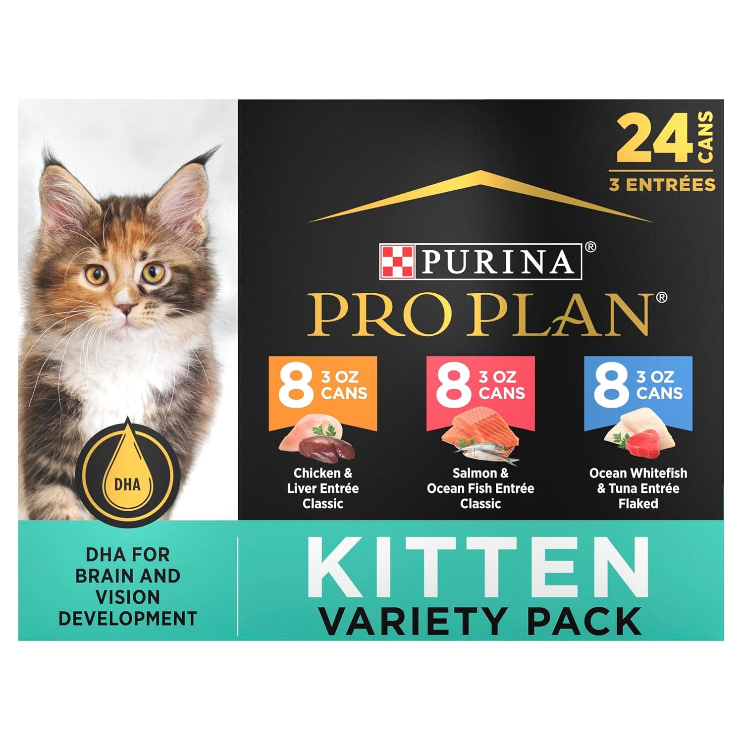 Purina Pro Plan High Protein Wet Kitten Food Variety Pack, DEVELOPMENT Kitten Favorites - (24) 3 oz. Cans | Chicken & Liver, Salmon & Ocean Fish, and Ocean Whitefish & Tuna Flaked, with DHA for kitten brain and vision development