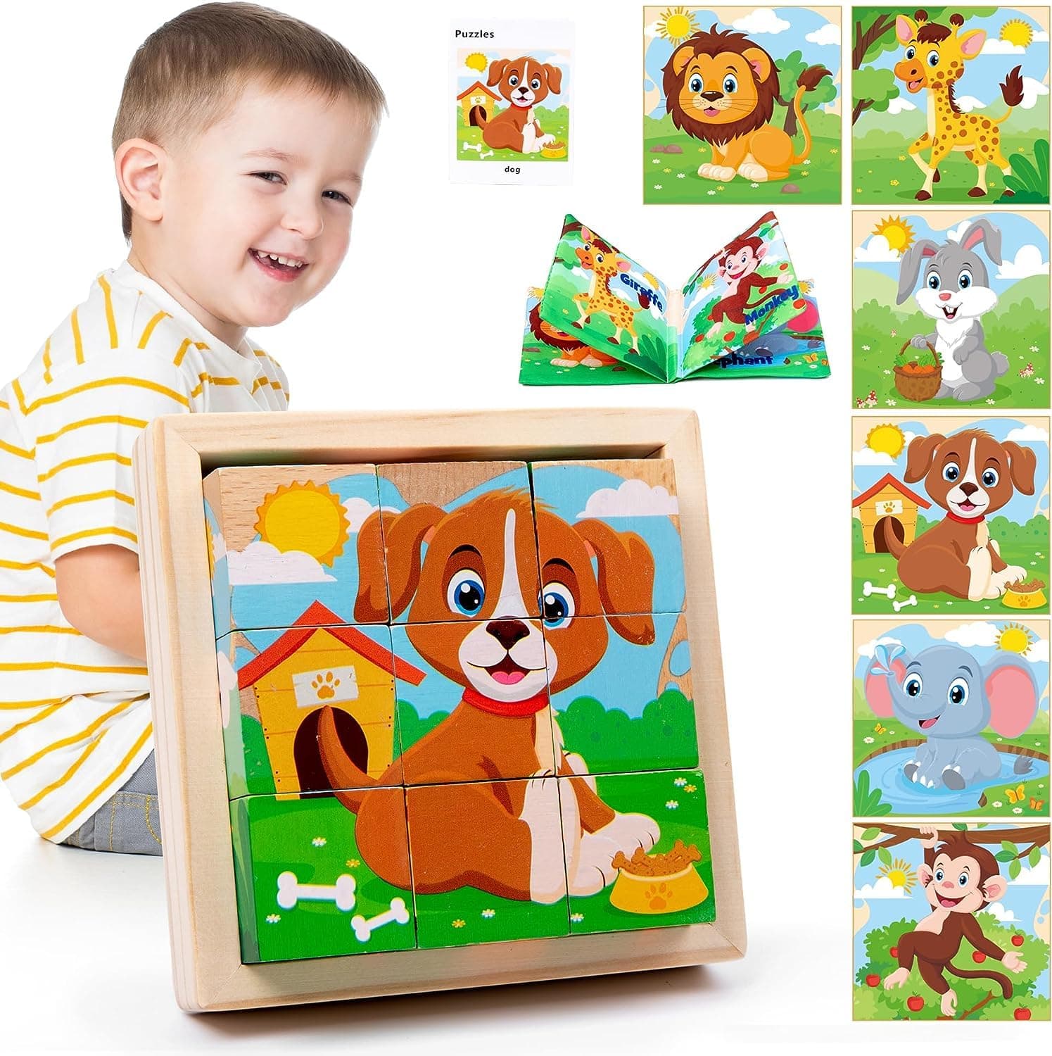 Wooden Cube Puzzle for Toddlers, XICEN 6-in-1 Montessori Learning Toys with Cloth Book & Storage Tray, Educational Block Puzzles for Preschoolers, Animal Theme (9 Pcs, Animal)