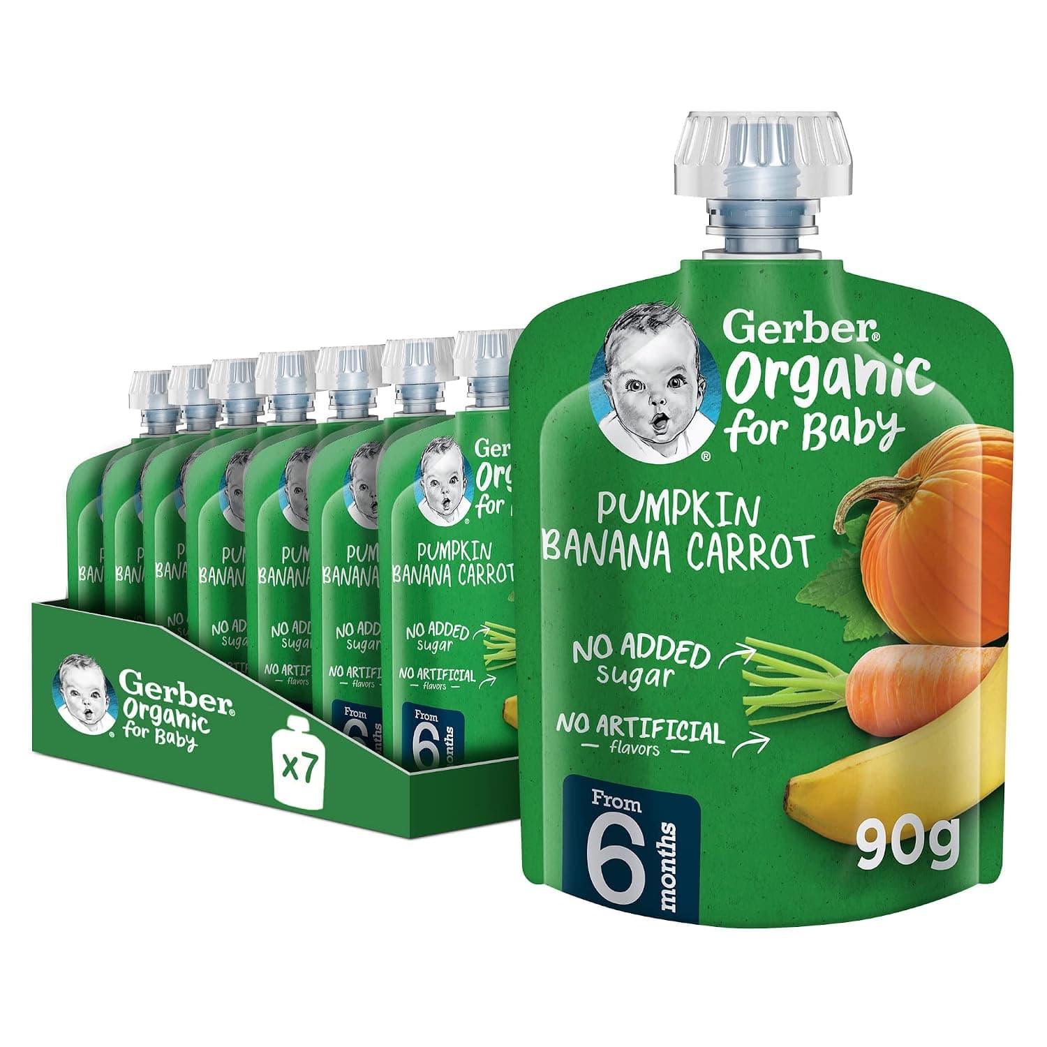 Gerber Organic Baby Food Puree Pouch Pumpkin, Banana & Carrot. No added sugar, No artificial flavors, No preservatives 90g (6m+) (7 Pouches)