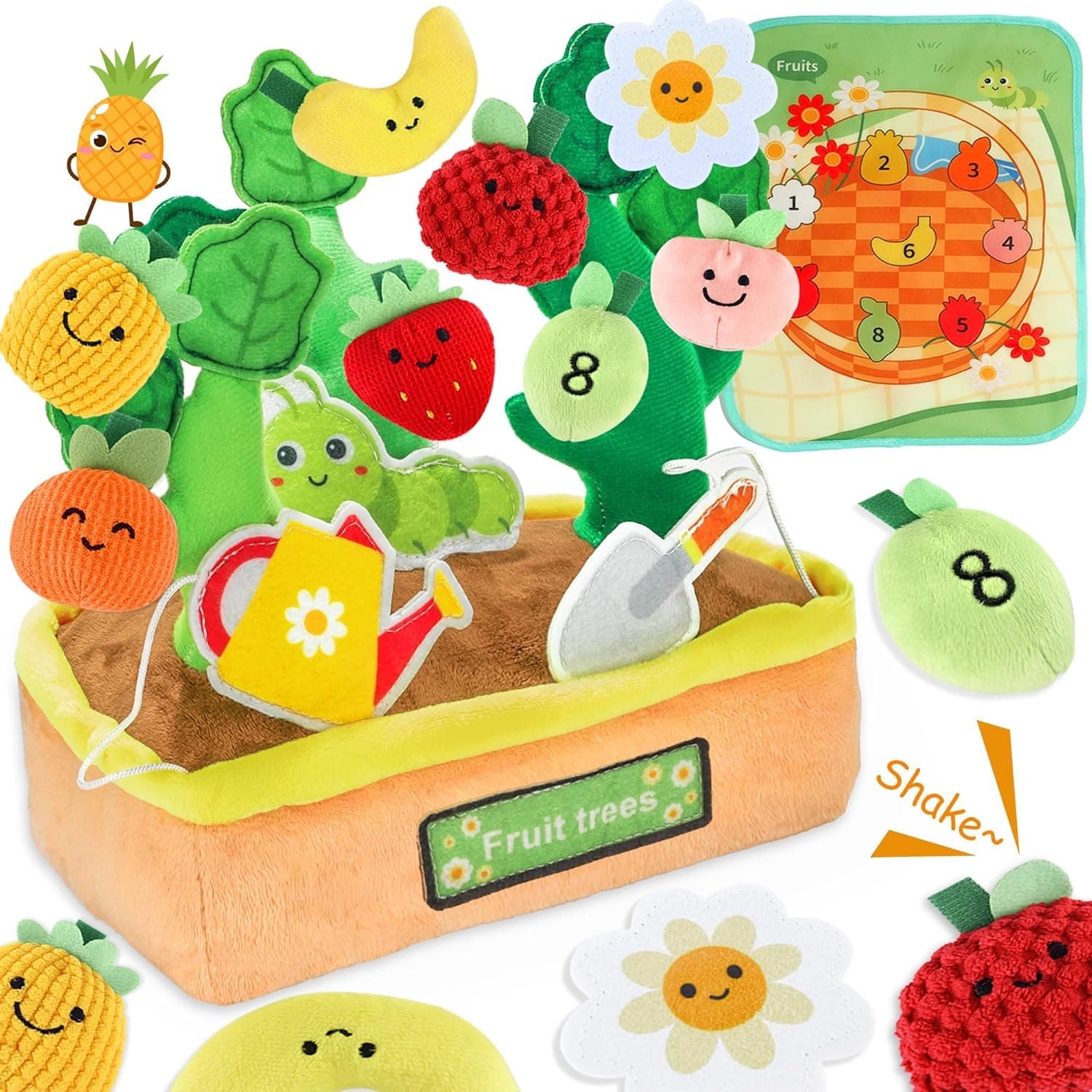 Soofam Montessori Baby Sensory Toys, Fruit Vegetable Color Sorting Play Food with Rattle,Crinkle,Baby Toys 6-12 Months with Play Mat,Montessori Toys for 1 Year Old Boy Girl