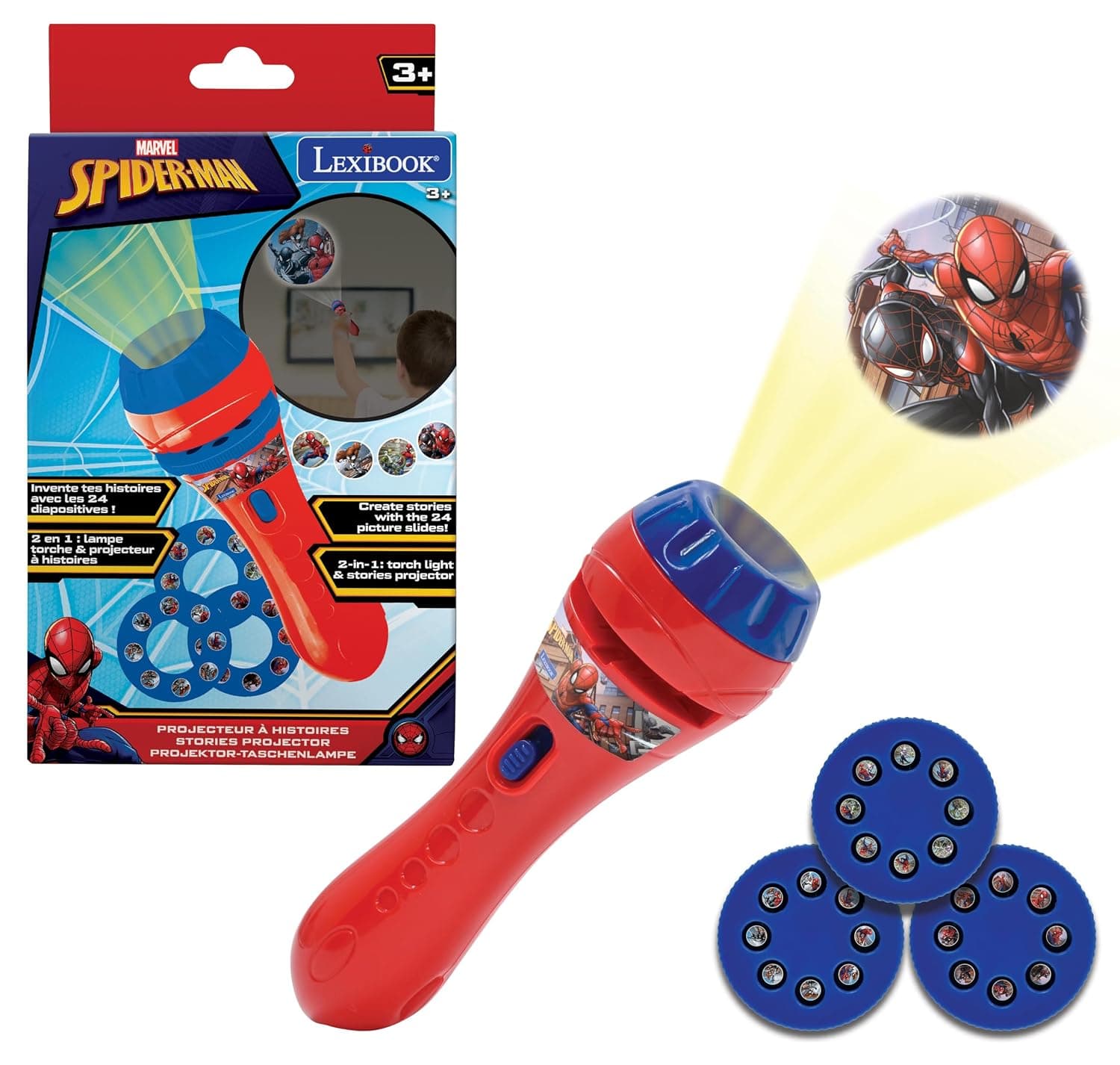 Lexibook - Spider-Man LTC050SPLXB Stories Projector, Torch and Projector with 3 Discs, 24 Images, Create Your Own Stories