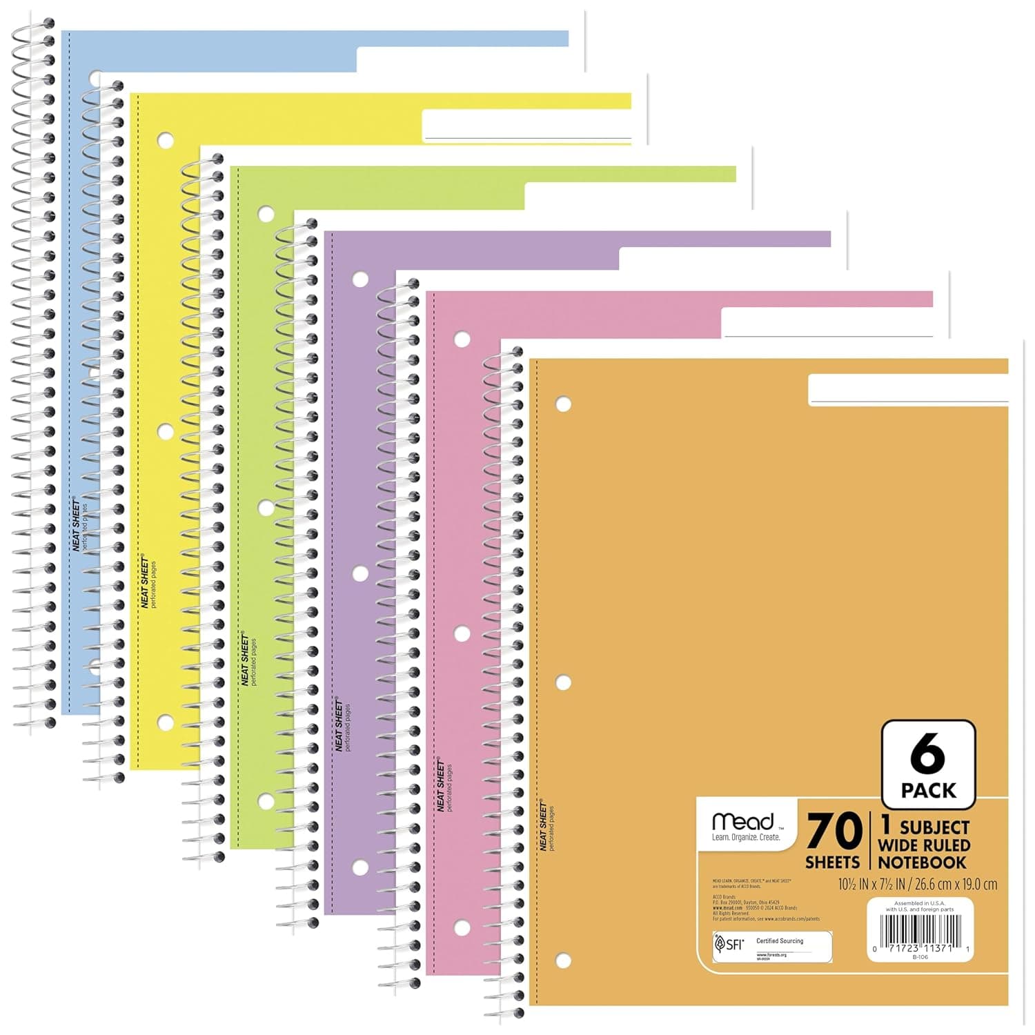 Mead Spiral Notebook, 6 Pack of 1-Subject Wide Ruled Spiral Bound, Pastel Color Cute school Notebooks, 70 Pages