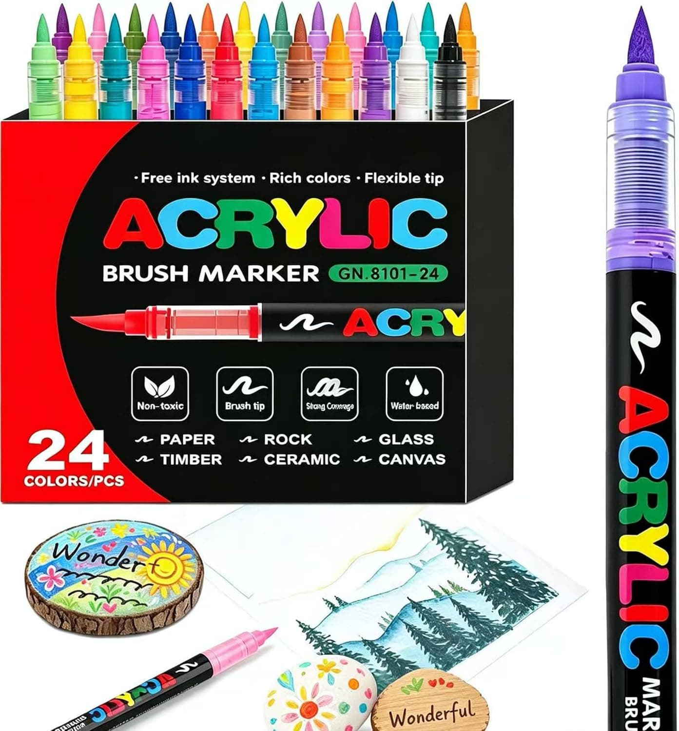 【24 Colors 】Acrylic Paint Pens,Soft Brush Tip Acrylic Markers,Quick-Drying Waterproof paint Markers for Canvas, Wood, Metal, Ceramic, Stone, Egg, Rock Painting and DIY Art Crafting