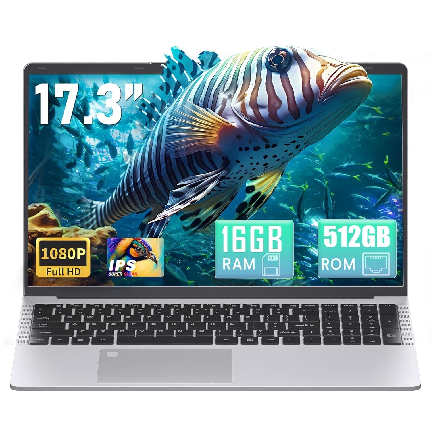 17.3 Inch Laptop FHD IPS with Quad-Core N5095, 16GB RAM, 512GB NVMe SSD, Fingerprint Sensor, Illuminated Keyboard, HDMI, WiFi, Bluetooth, Silver Notebook for Office, Home, Students, Business