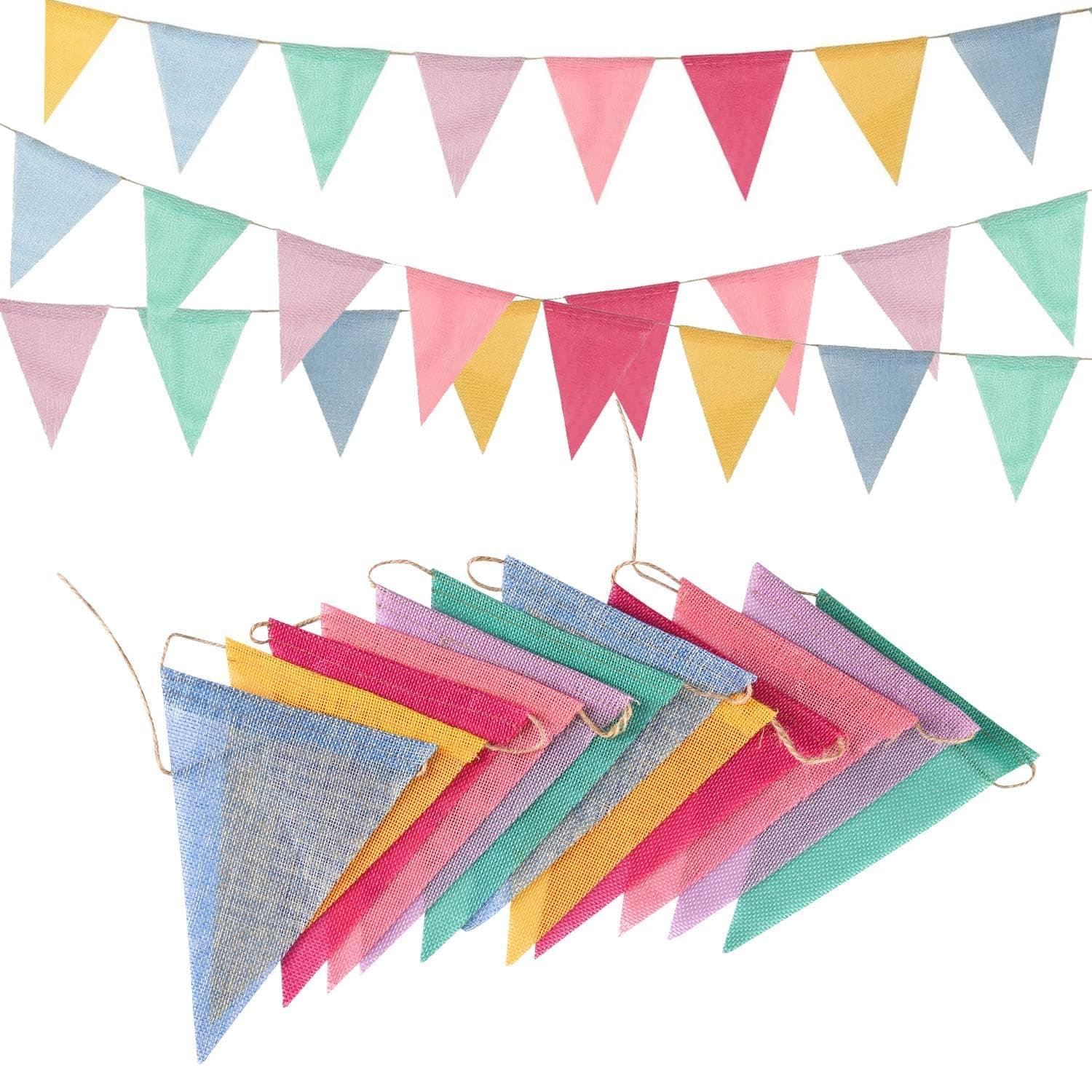 Pastel Triangle Pennant Banner, 12 Pcs Colorful Burlap Bunting Flags Garland for Birthday Party Classroom Carnival Decorations (13ft String, 6 Colors)