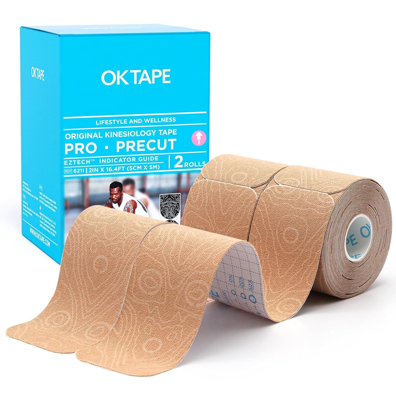OK TAPE - PRO Original Pre-Cut Kinesiology Tape, Latex-Free Elastic Athletic Tape Roll, 2" x 16', 2 Rolls, Beige + Beige