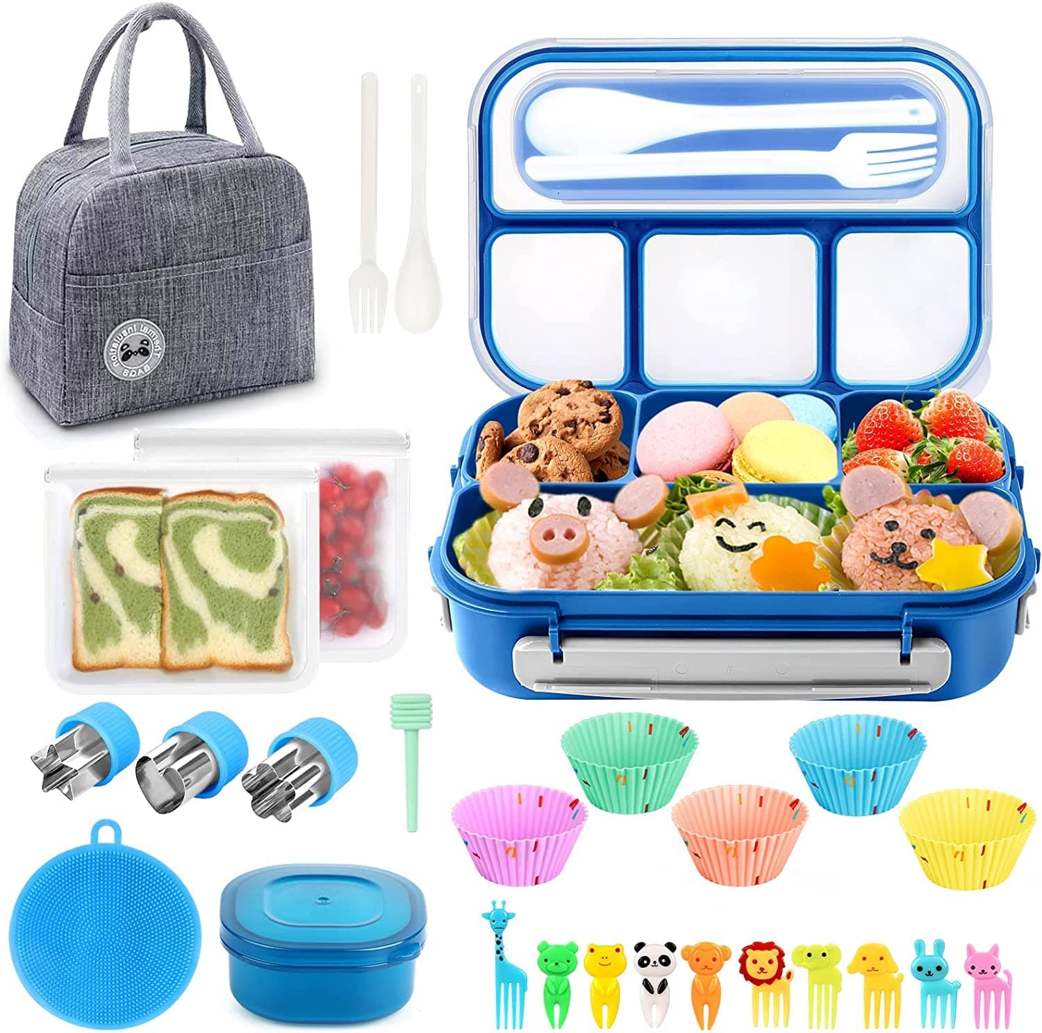 Mylindde Bento Box Kids, 1300ML Lunch Box Kit, Lunch Container for Kids, Leakproof Lunch Box Containers, 4 Compartments with Spoon Fork Bag Accessories, Microwave Safe, BPA-Fre (27PCS, Blue)