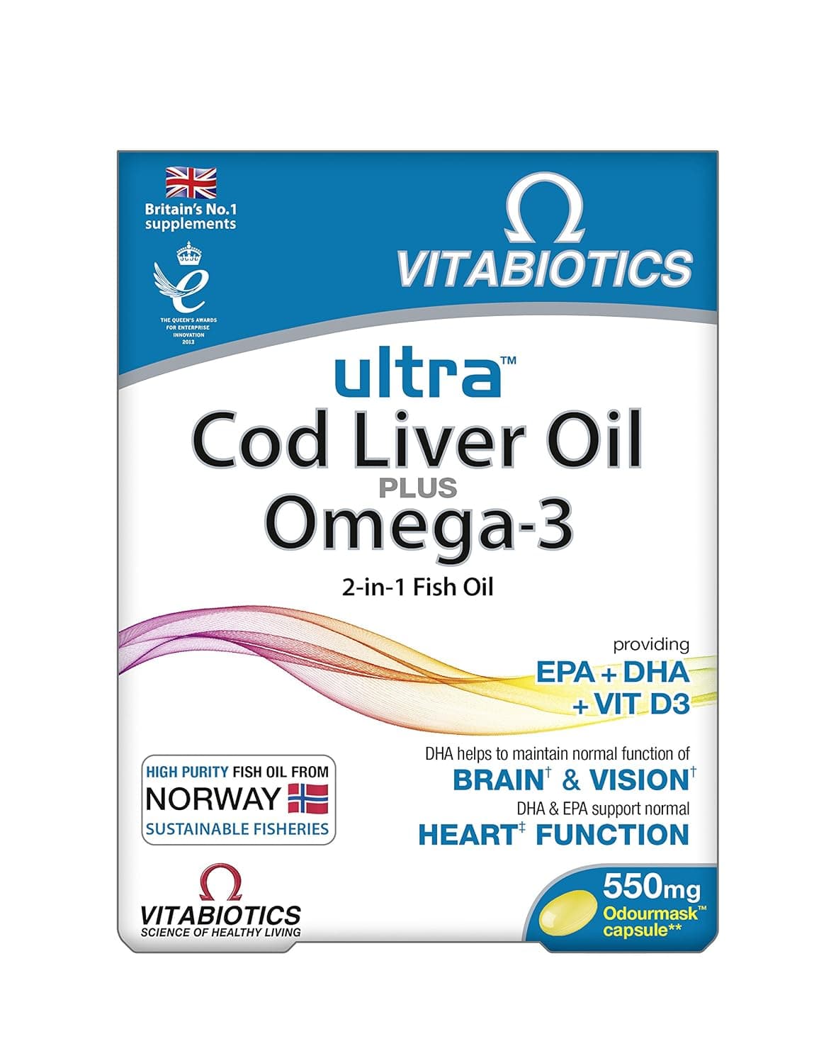Vitabiotics Ultra Cod Liver Oil Plus Omega-3 for Normal Function of Heart and Brain (Orange Flavour)- 60 Odour Mask Capsules