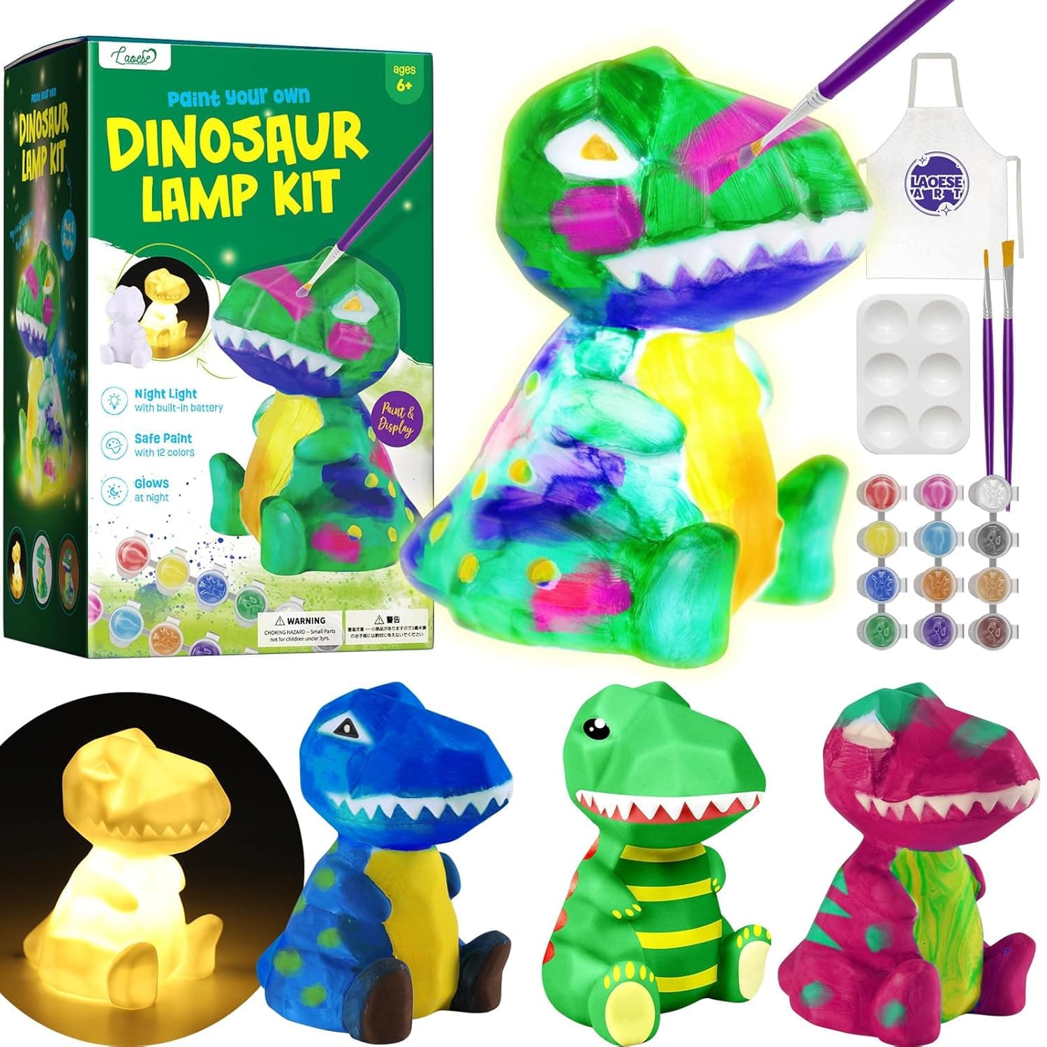 Paint Your Own Dinosaur Lamp Kit, Art Supplies Arts & Crafts Kit, Painting kit for Kids 6-12, Dinosaur Toys for Boys Girls and Kids, Girls Boy Birthday Gift Ages 3 4 5 6 7 8 9 10 11 12+