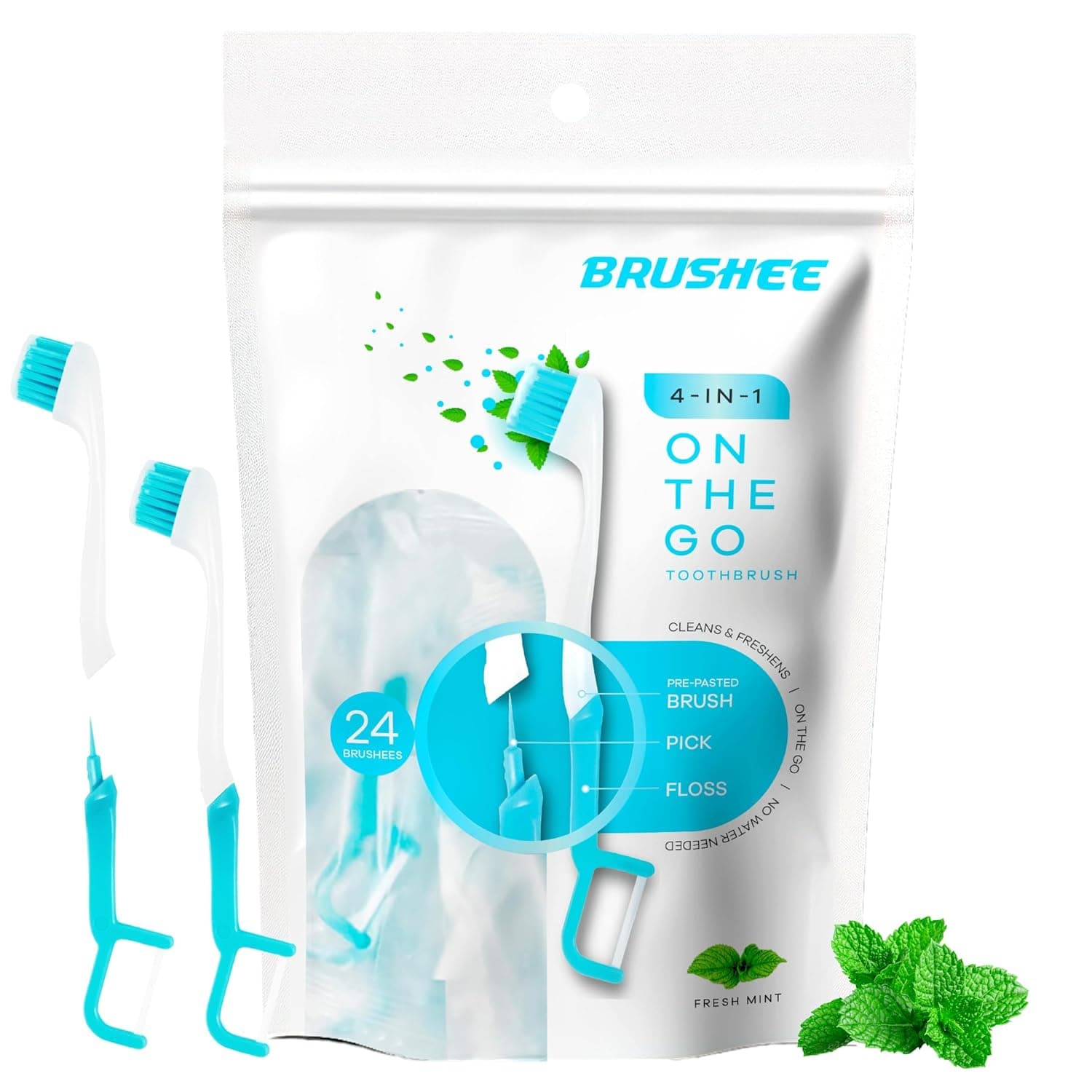 Brushee - The Evolution of Oral Care | 3-in-1 Tool (Pre-Pasted Mini-Brush + Floss + Pick) | Individually Wrapped | Disposable | Prepasted Travel Toothbrushes | Small Adult Toothbrush - (24-Pack)