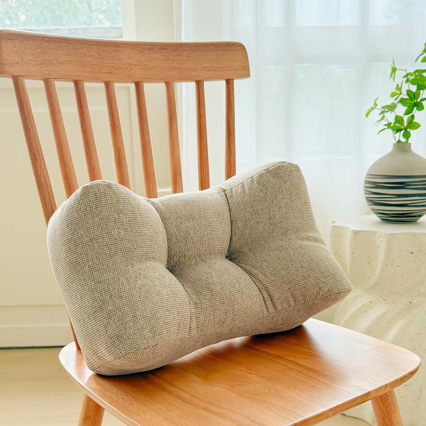 Double-Bulge Contoured Lumbar Cushion, Woven Fabric Waist Support Back Pad for Office & Dining Chair (Light Brown)