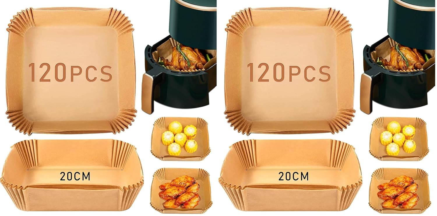 120Pcs Air Fryer Disposable Paper Liner, Air Fryer Liners Square, Baking Paper for Air Fryer Water-proof,Parchment Paper for Baking Roasting Microwave,7.9 inch/20cm,Square (Pack of 2)