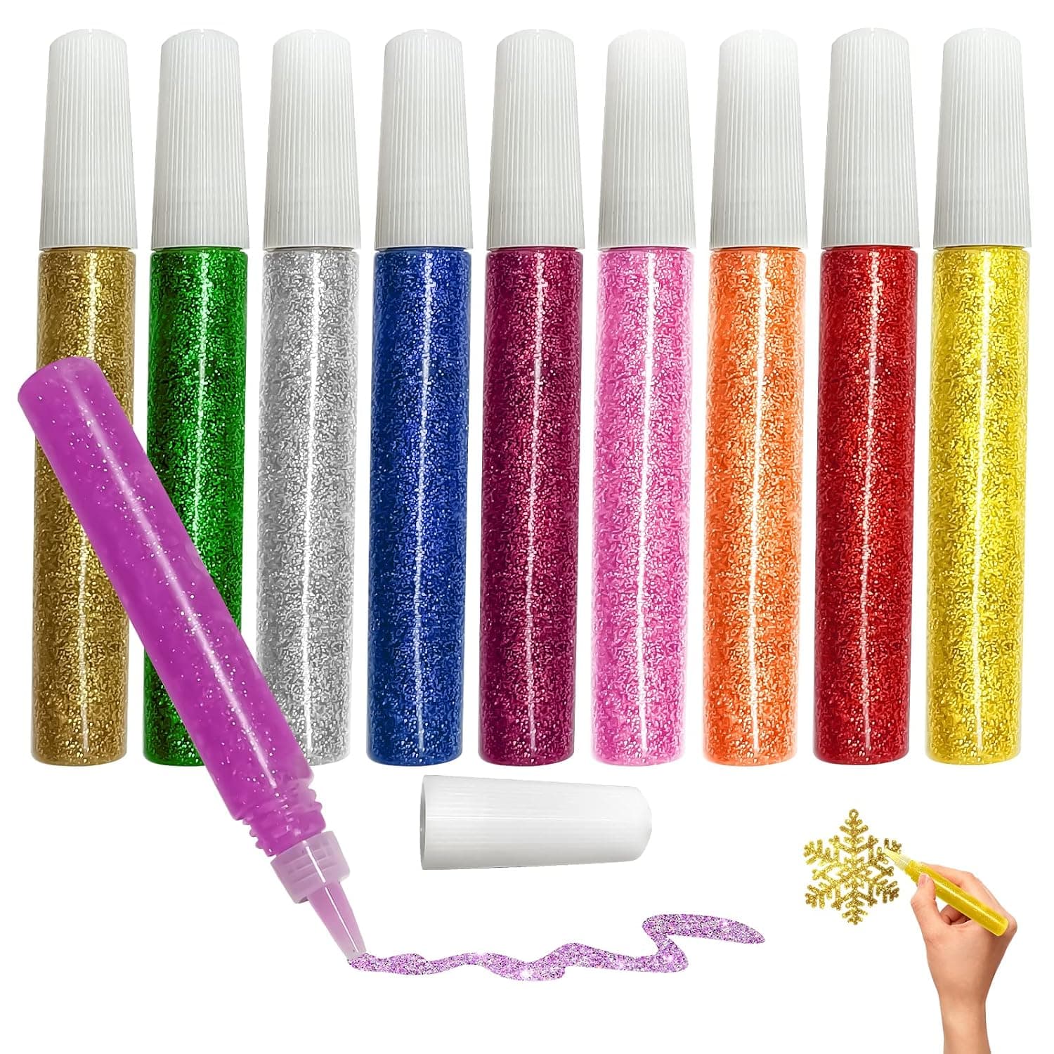 Ubitree Glitter Gel Pens, 10pcs Washable Glitter Glue Pens with 10 Bright Colors for Gluing Drawing Writing Outlining, Beautiful 3D Glitter Glue Pens for Crafts, Art Projects, DIY Decorating Supplies