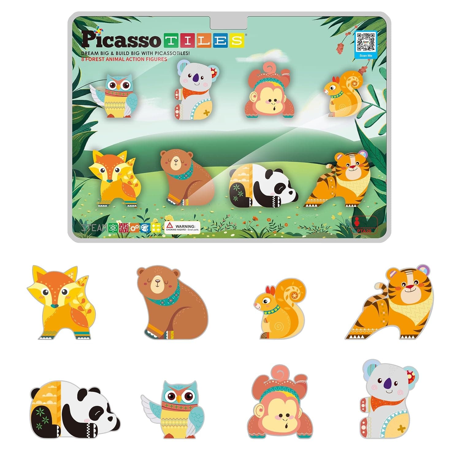 PicassoTiles 8pc Magnet Tile Building Blocks 8 Magnets Forest Animal Action Figures Compatible Magnetic Accessory Tiles Construction Toy Set STEM Educational Learning Toddler Girls Boys Ages 3+ PTA26