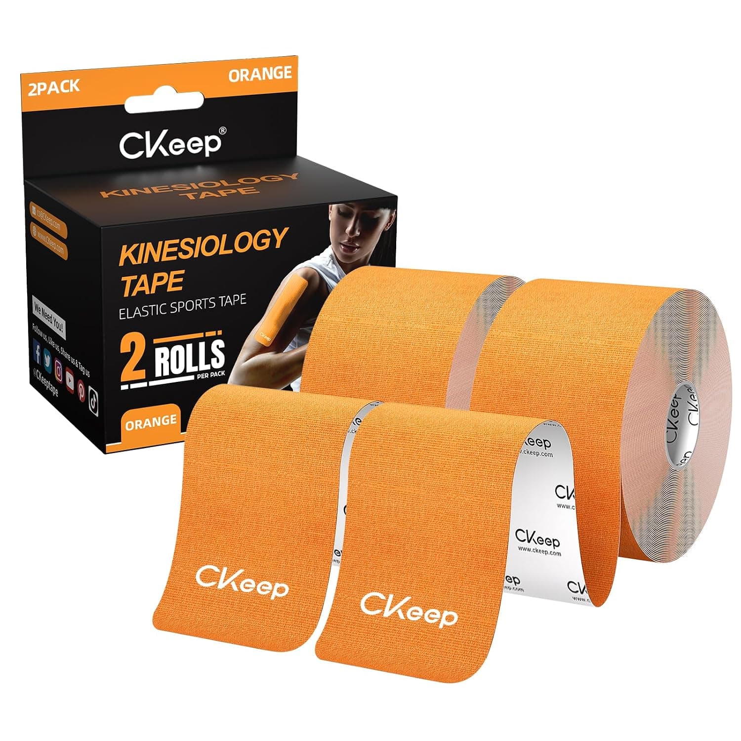 CKeep Uncut Kinesiology Tape (2 Rolls), Original Premium Cotton Elastic Athletic Tape, Hypoallergenic Latex-Free, 2 Inch X 16Ft, Orange