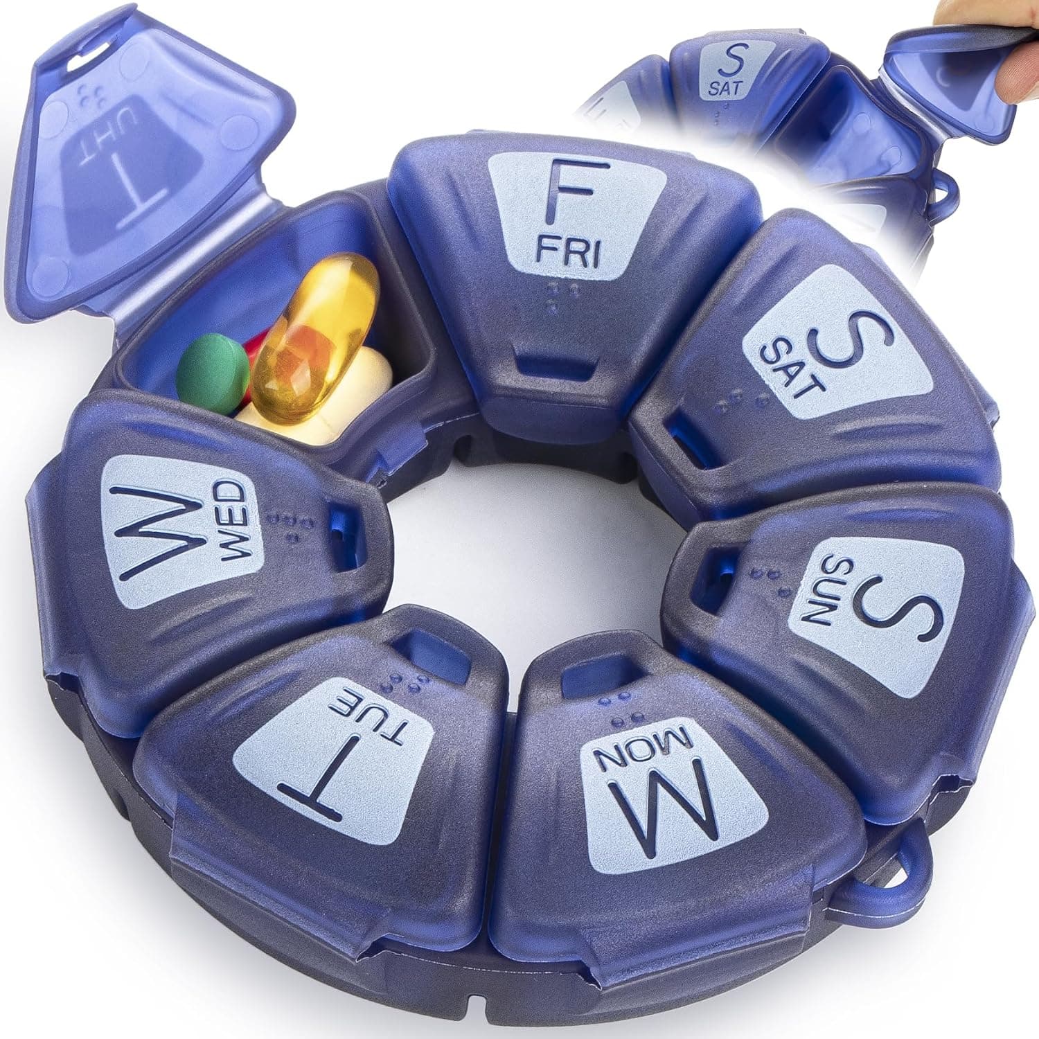 Round Weekly Pill Organizer, Soft-Touch Silicone, Cute Travel Pill Case | with 7 Large Compartments, Pill Cases Organizers 7 Day with Large Letters and Braille for Vitamins & Supplements (Blue)