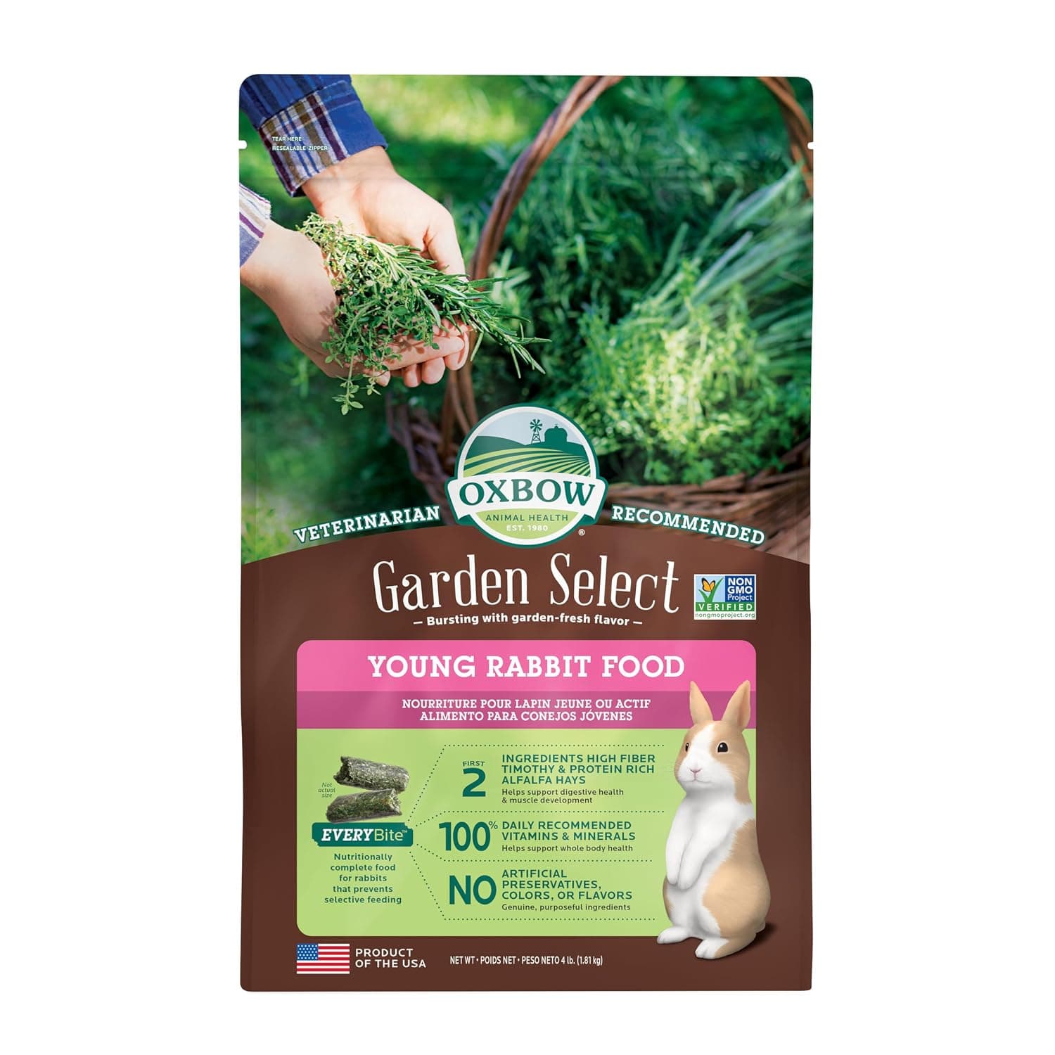 Oxbow Garden Select Rabbit Food, Young, Made Alfalfa for Rabbit, Bunny Food Pellets, Non-GMO, No Soy or Wheat, Small Animal Pet Products, Made in USA, High Fiber, 4 lb. Bag | Bunny Food for Young Rabbits, Made with High Fiber Alfalfa, Vitamins & Minerals, Uniform, Prevents Selective Feeding