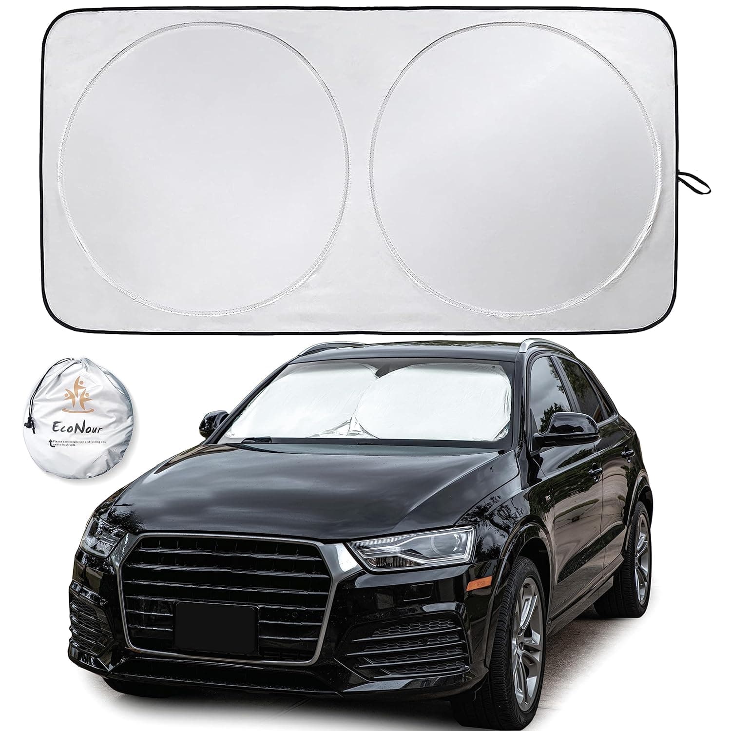 EcoNour Car Windshield Sun Shade with Storage Pouch | Durable 240T Material Car Sun Visor for UV Rays and Sun Heat Protection | Car Interior Accessories for Sun Heat | Classic (59 inches x 29 inches)