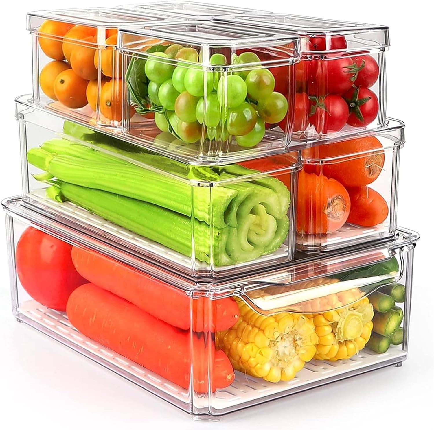 TRASSLE Set Of 7 Fridge Organizer Stackable Refrigerator Organizer Bins with Lids, Kitchen Organization and Storage Clear Plastic Storage Bins for Food, Drinks, Fruits, Vegetable