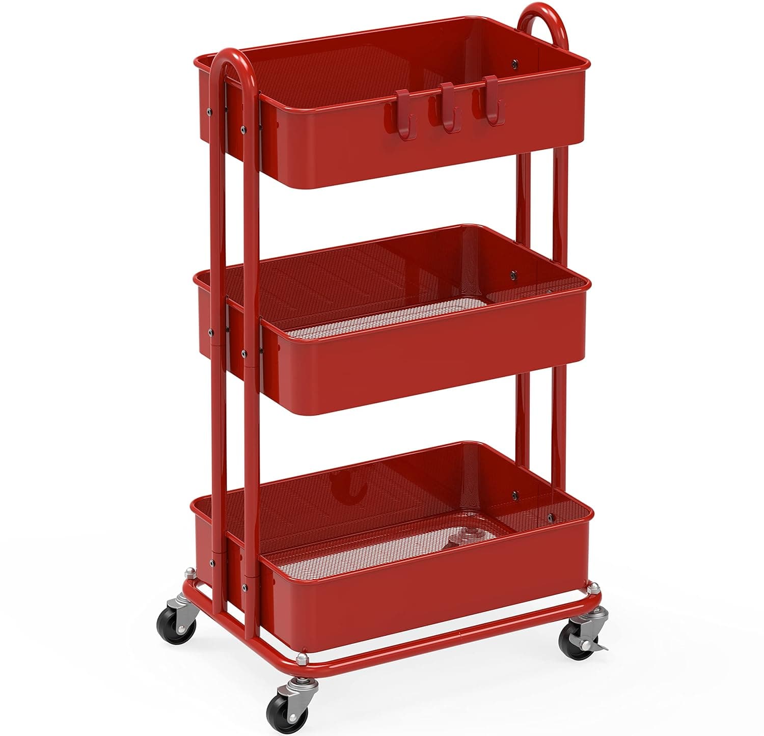 SimpleHouseware Heavy Duty 3-Tier Metal Utility Rolling Cart, Red