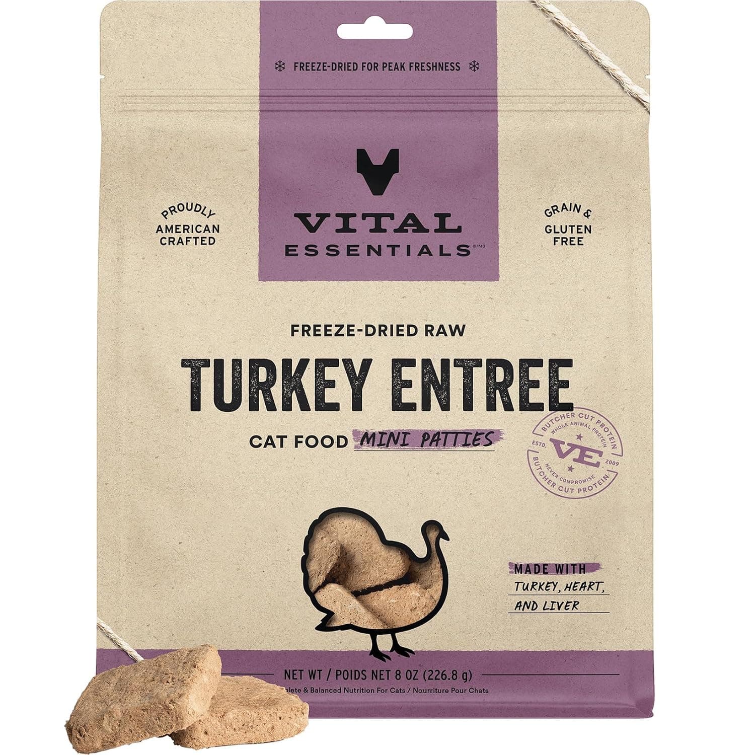 Vital Essentials Freeze Dried Raw Cat Food, Turkey Mini Patties Entree, 8 oz